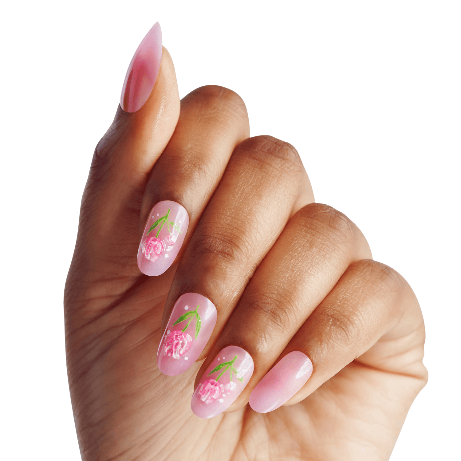 Hand with almond-shaped nails painted in soft pink gradient, featuring delicate hand-painted floral designs with green stems and pink blossoms on three nails.