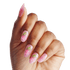 Hand with almond-shaped nails painted in soft pink gradient, featuring delicate hand-painted floral designs with green stems and pink blossoms on three nails.