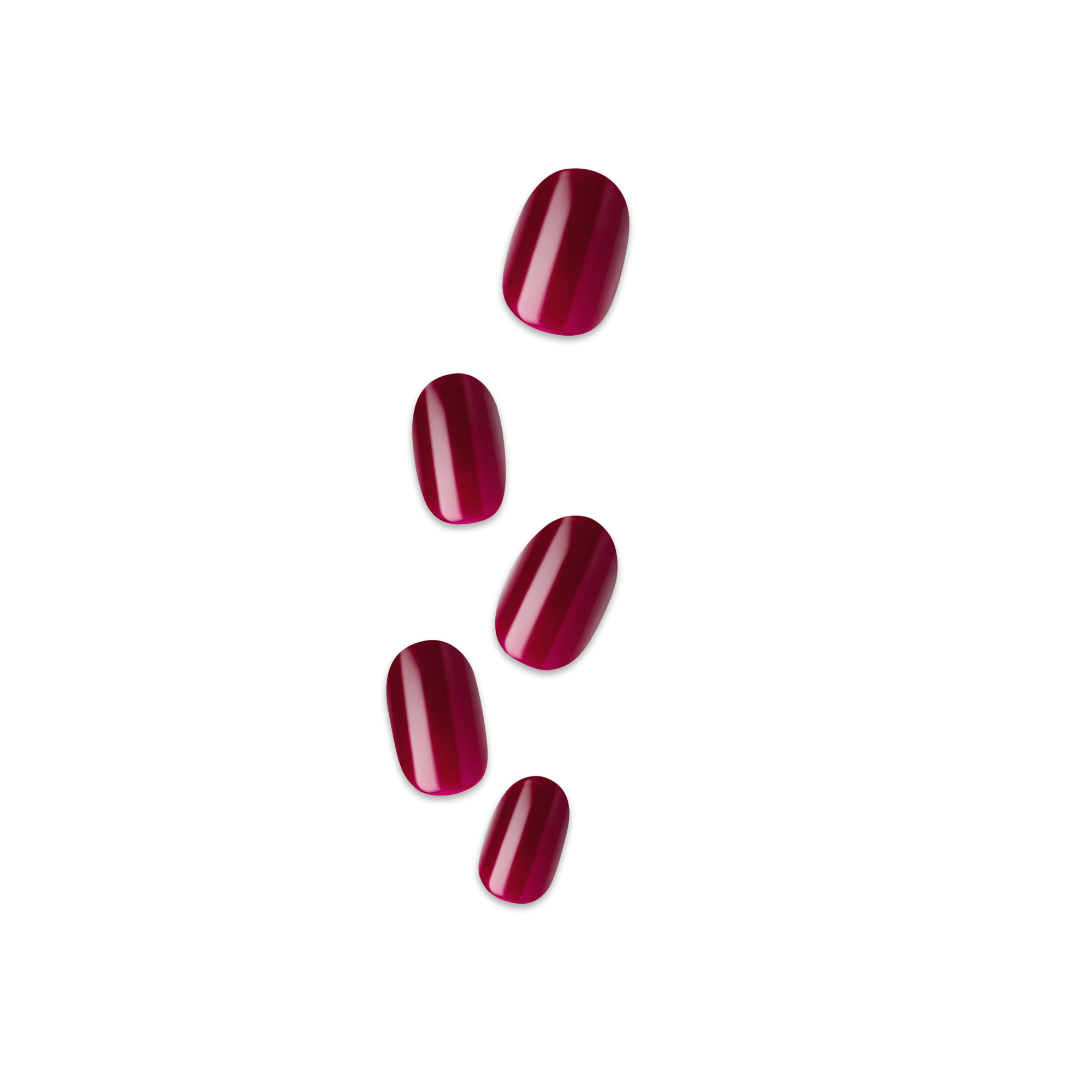 Five glossy press-on nails in varying sizes, in a deep maplewood red color, shown on a plain transparent background.