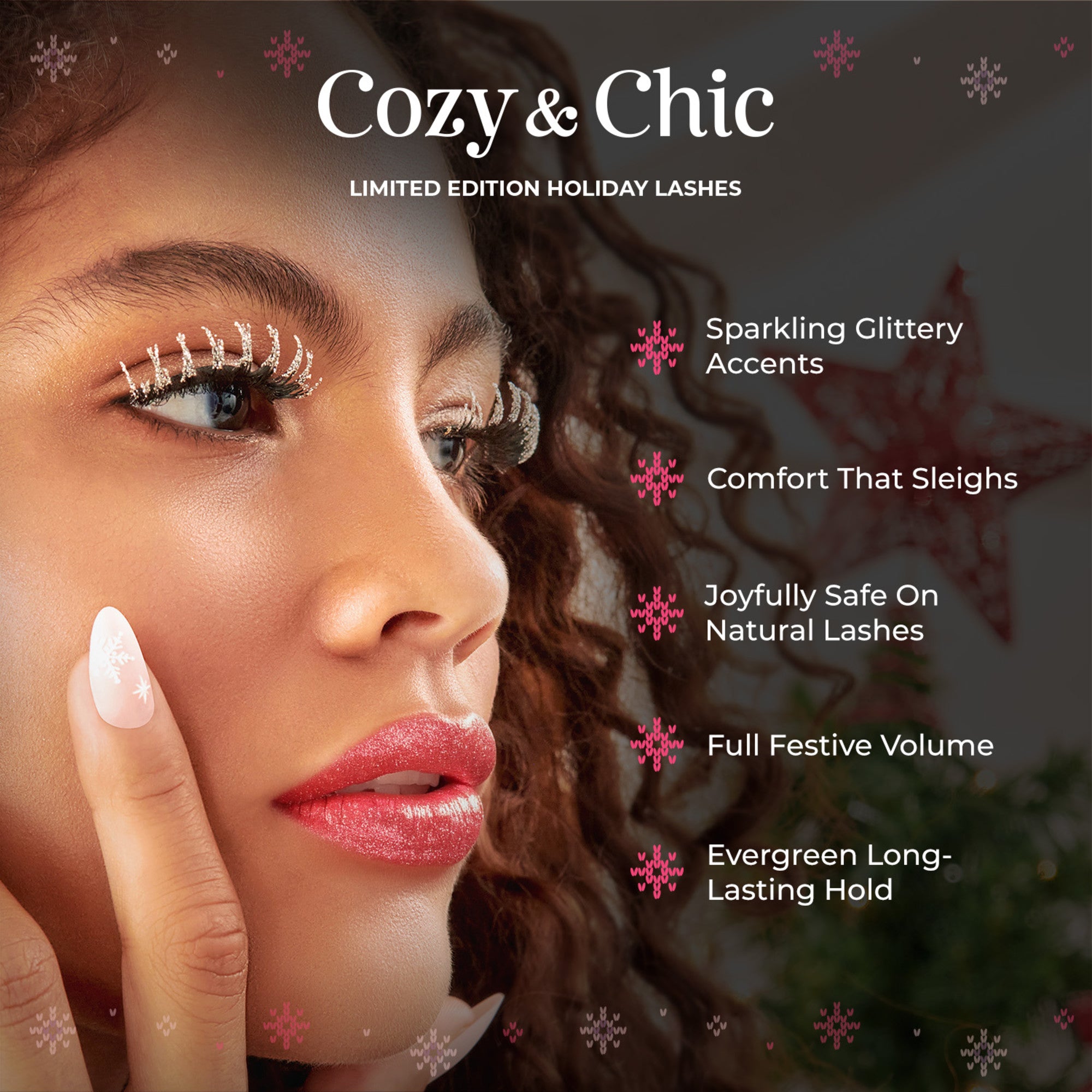 Cozy &amp; Chic Holiday Lashes product advertisement with sparkly lash features highlighted.