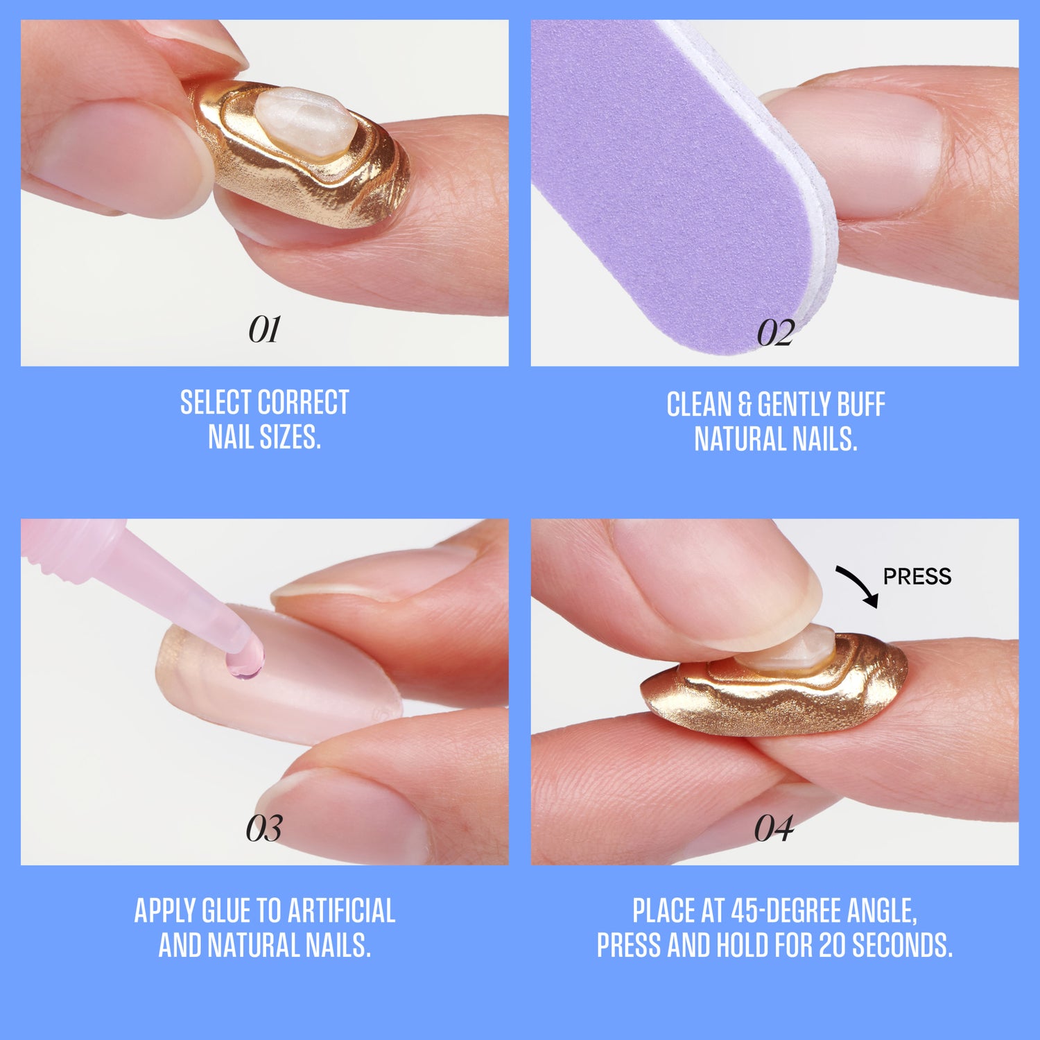 Step-by-step guide for applying press-on nails with sizing, buffing, glue application, and placement instructions.