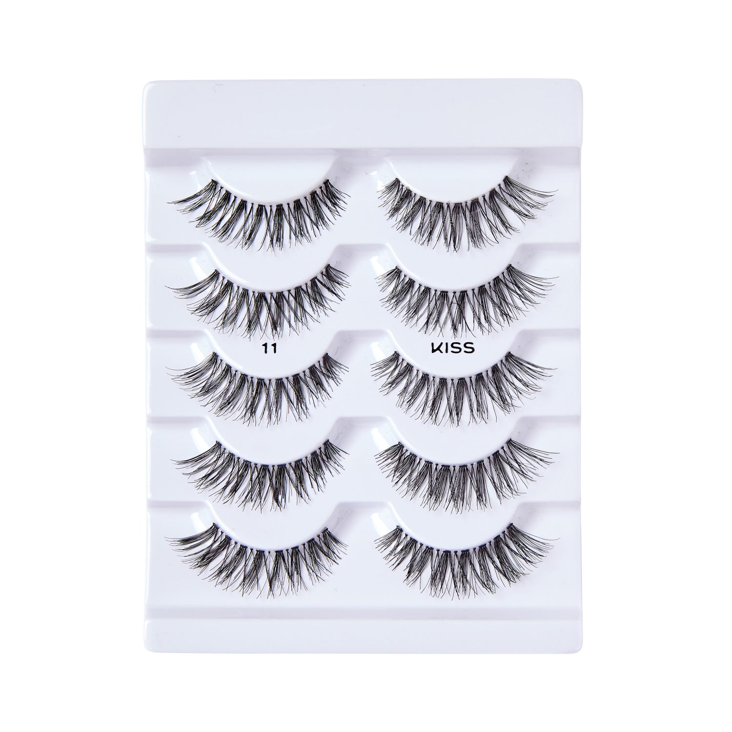 Set of five pairs of black wispy false eyelashes arranged on white plastic tray, labeled with \