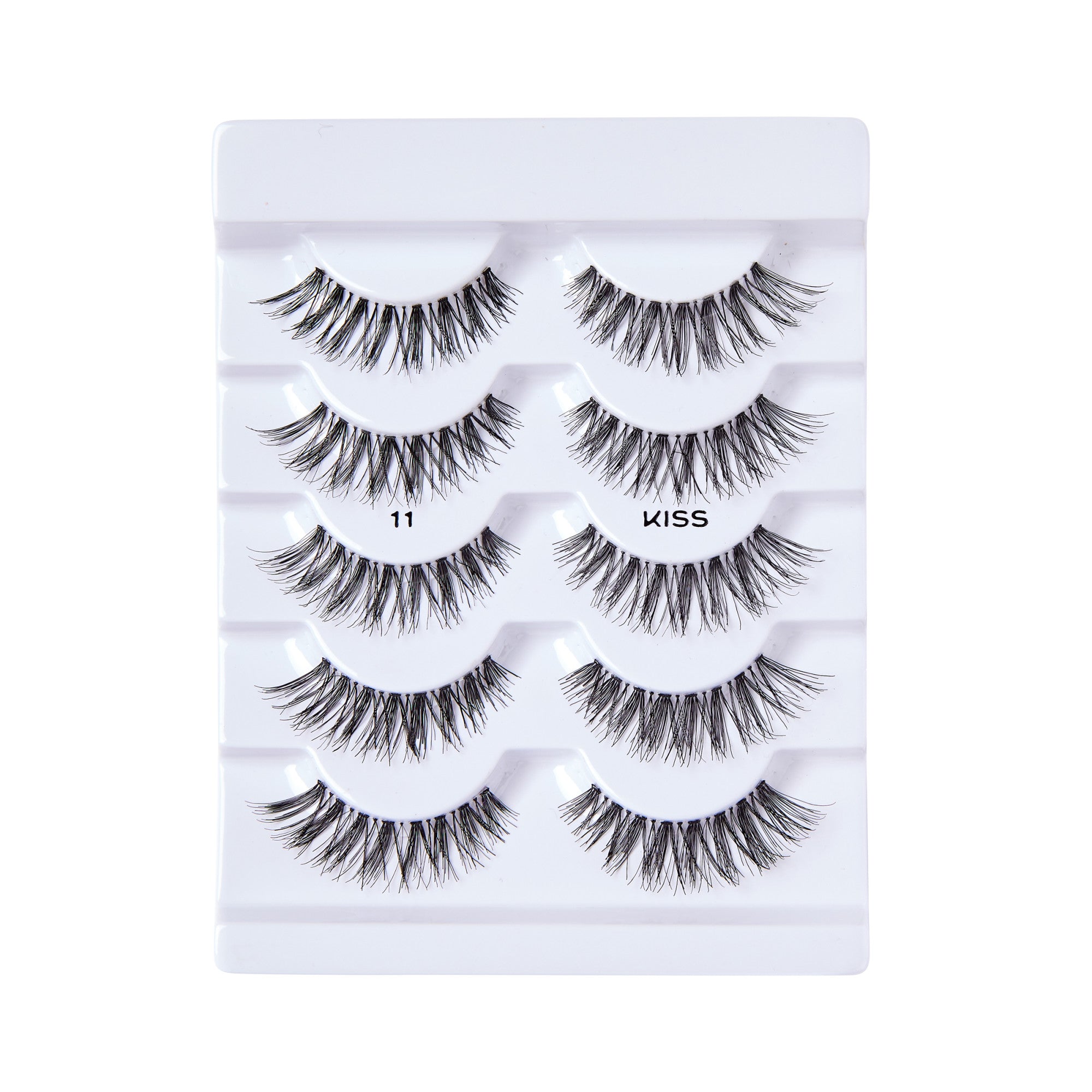 Set of five pairs of black wispy false eyelashes arranged on white plastic tray, labeled with \