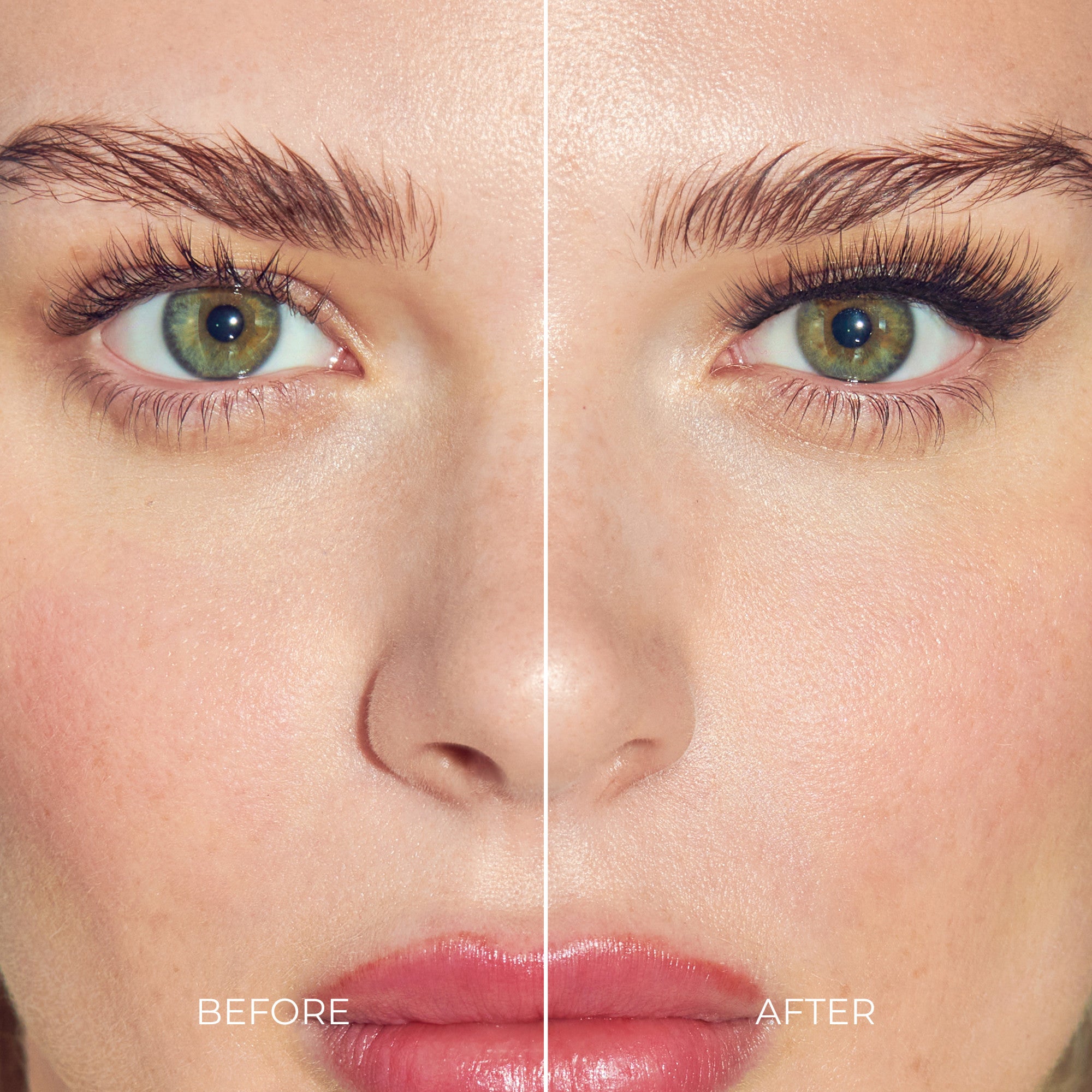 Before and after comparison of eyebrow microblading results on green-eyed woman.