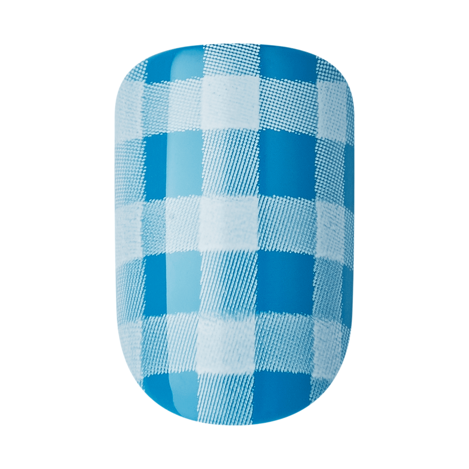 Artificial nail with a blue and white gingham check pattern resembling fabric texture, shown against a white background.