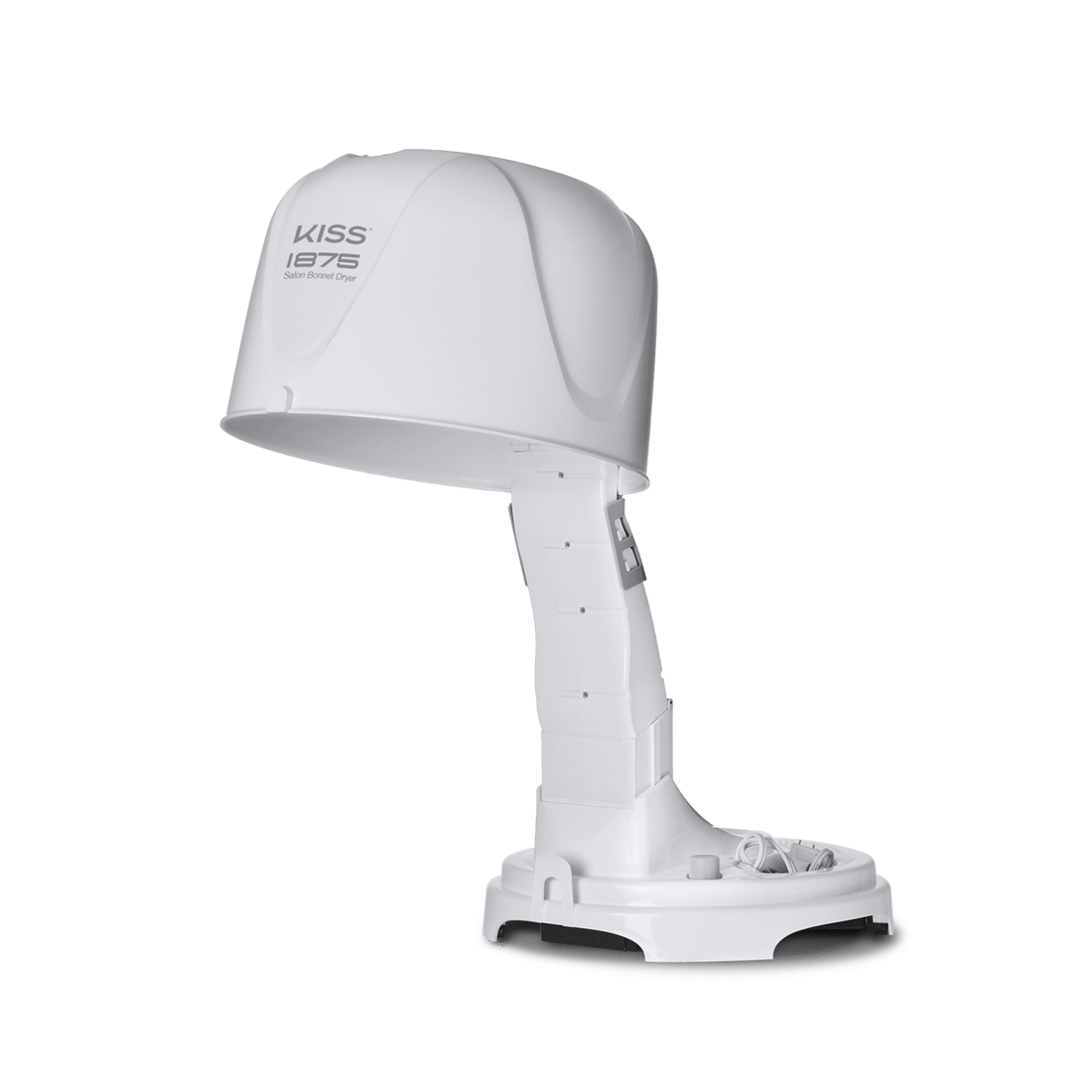 KISS 1875W white salon bonnet hair dryer with adjustable arm and base, showing product name printed on the hood.