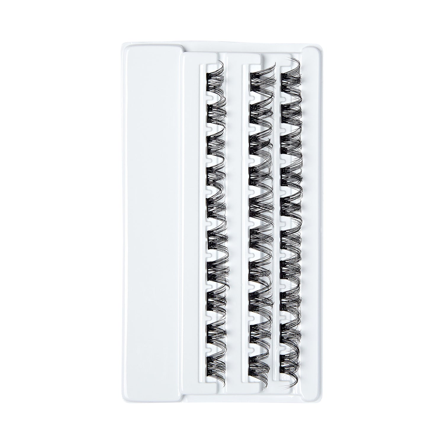 White plastic tray holding 30 black self-adhesive false eyelash clusters arranged in three rows, each cluster curly and evenly spaced.