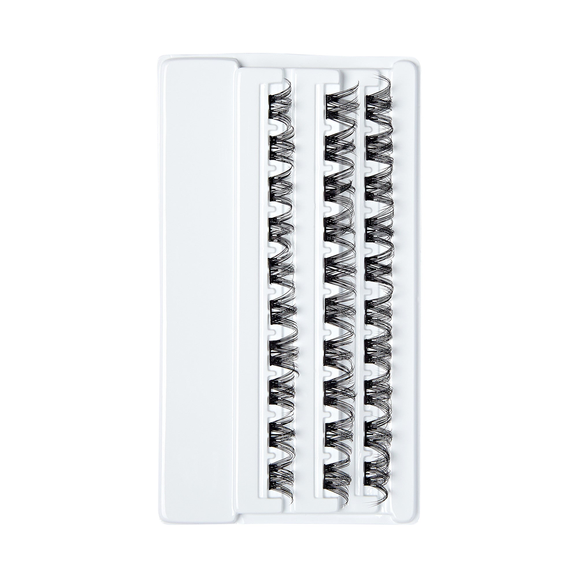 White plastic tray holding 30 black self-adhesive false eyelash clusters arranged in three rows, each cluster curly and evenly spaced.