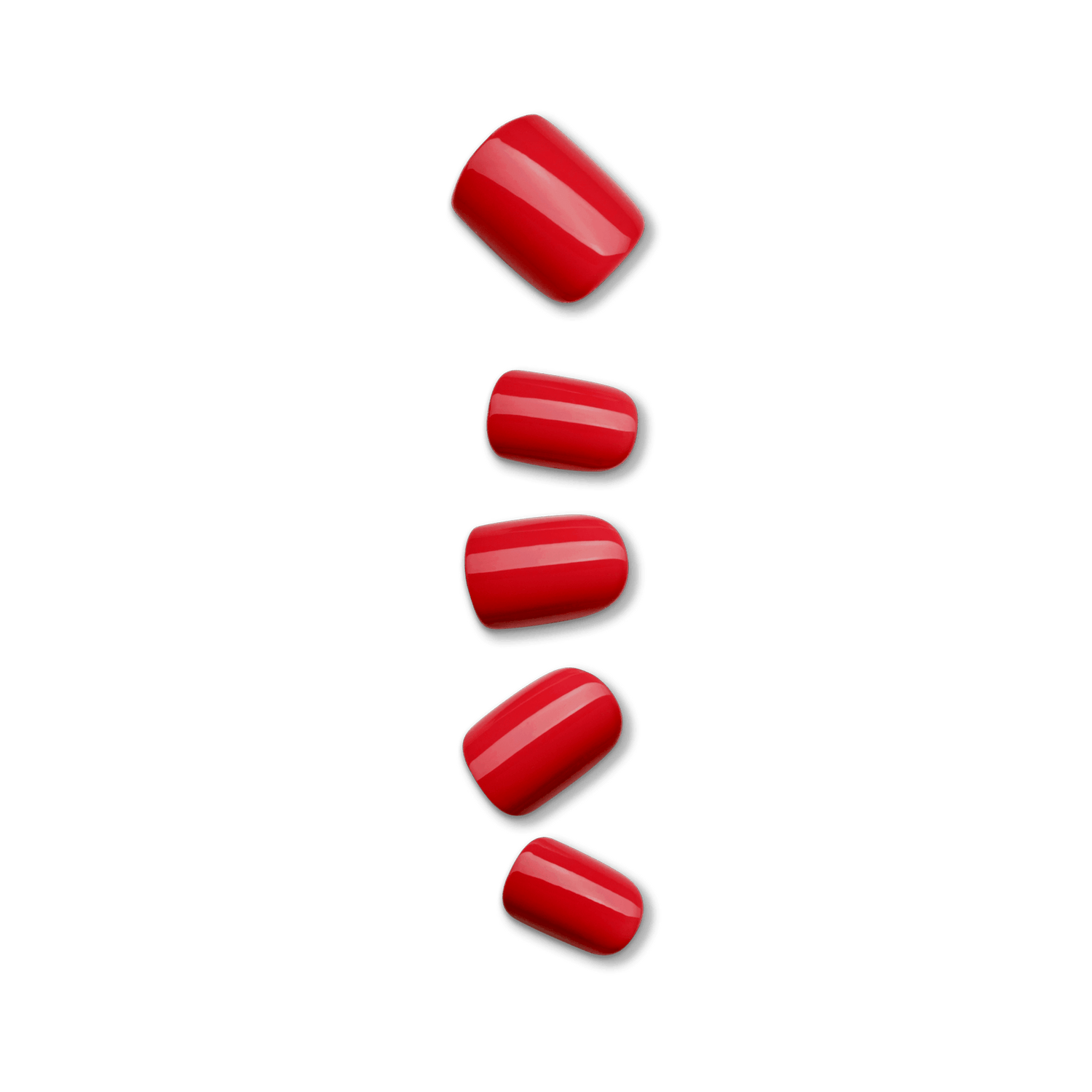 Glossy red press-on nails in five different sizes arranged vertically on a transparent background, showcasing the \