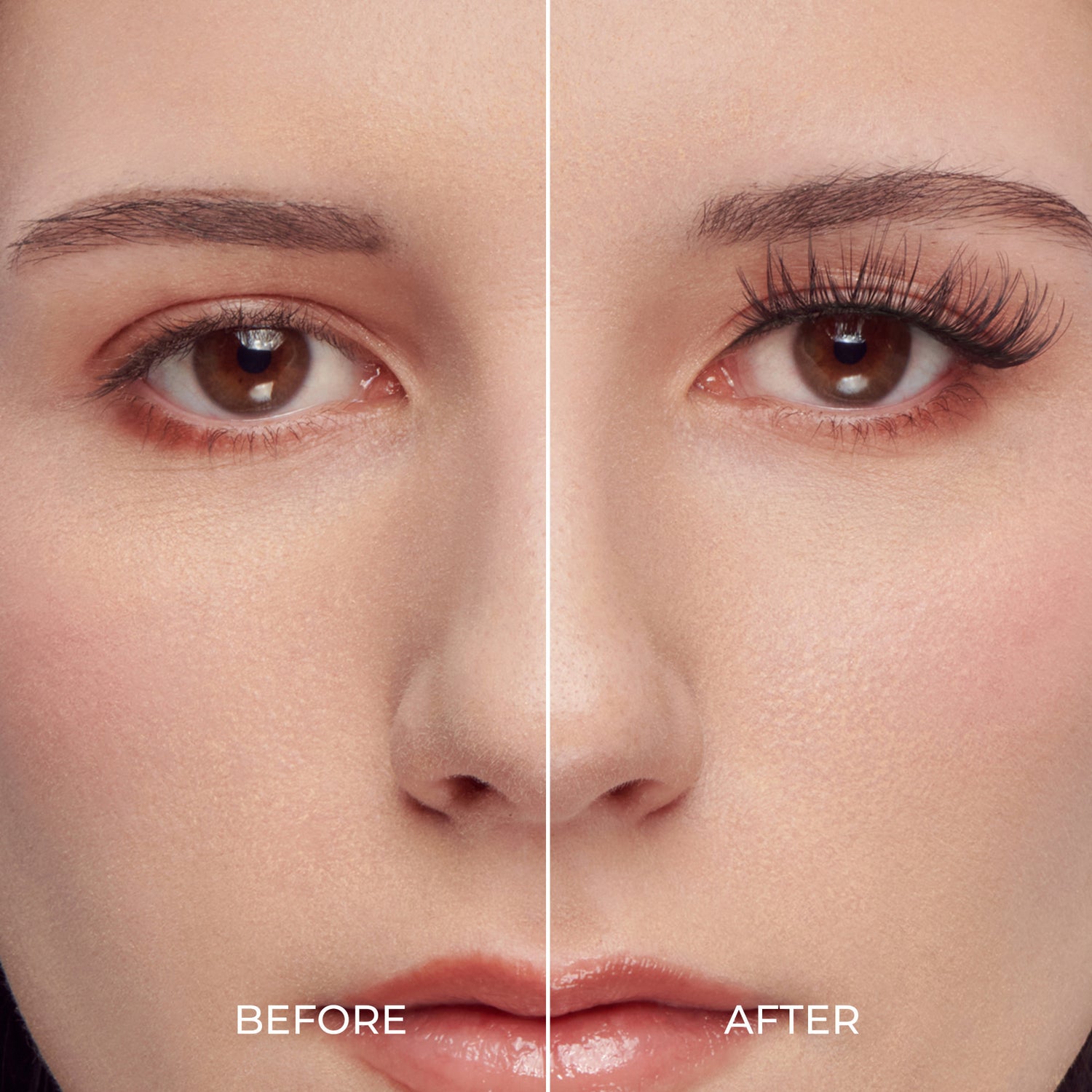 Before and after comparison of eye makeup application on a close-up of a person&