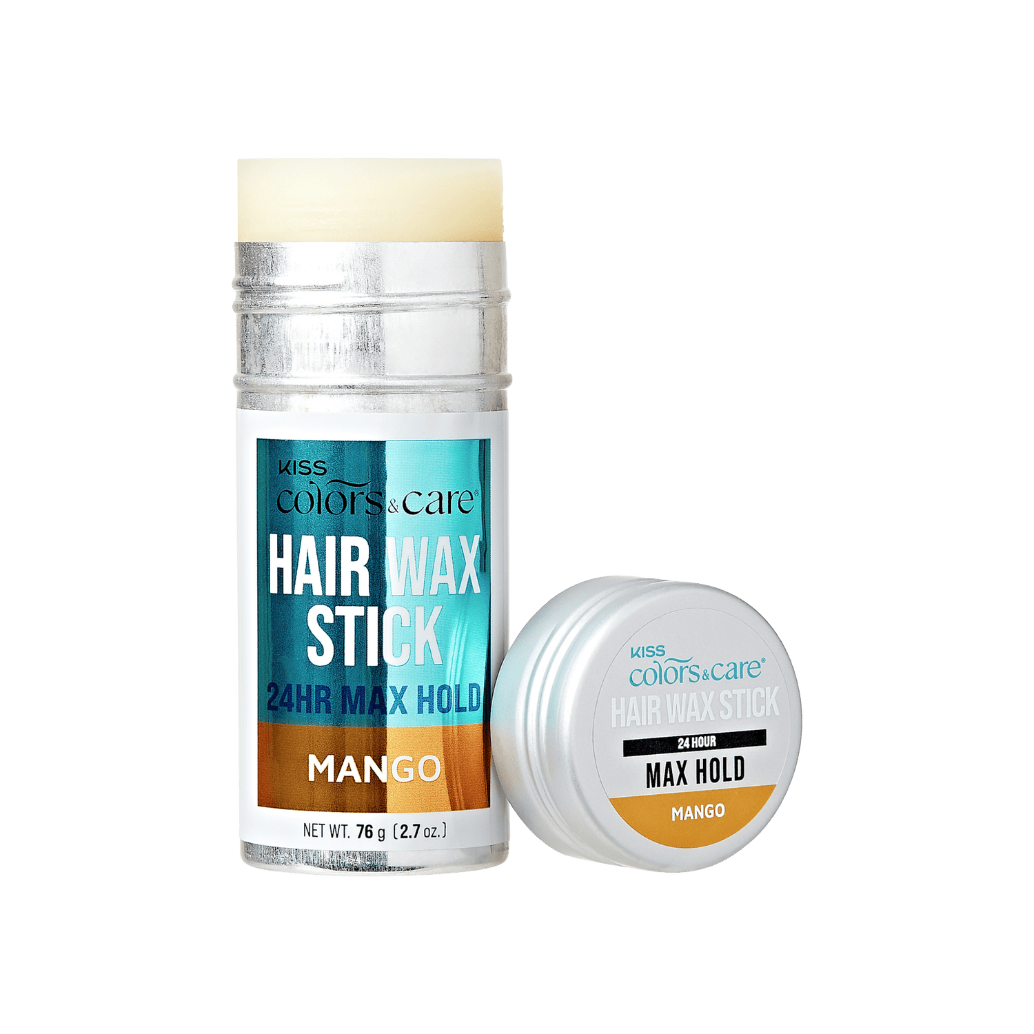 KISS Colors &amp; Care Hair Wax Stick in silver tube with blue and orange label, mango scent, 24-hour max hold, with matching silver cap beside it.