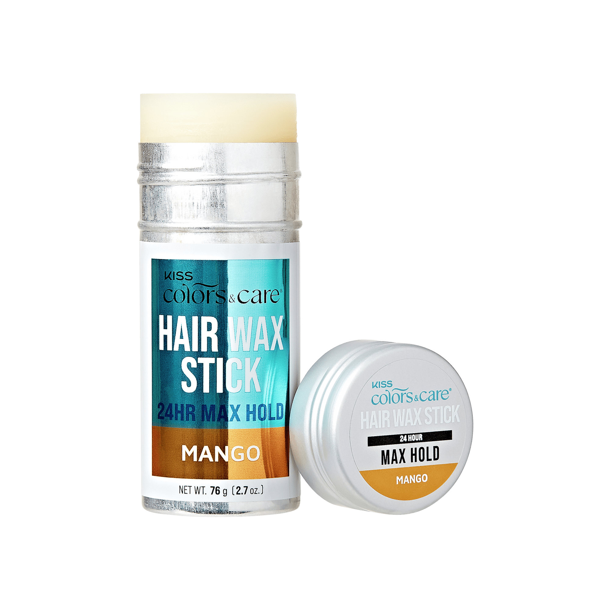 KISS Colors &amp; Care Hair Wax Stick in silver tube with blue and orange label, mango scent, 24-hour max hold, with matching silver cap beside it.