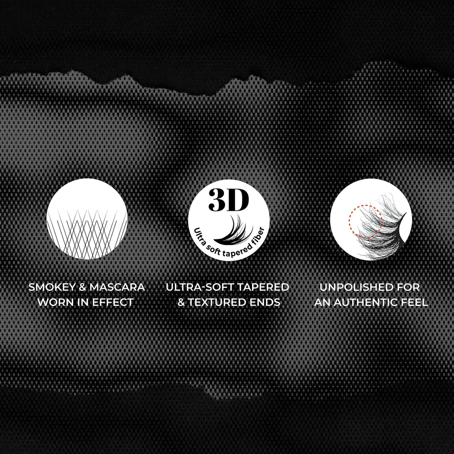 3 icons with text describing key features of KISS Rebel lashes in &