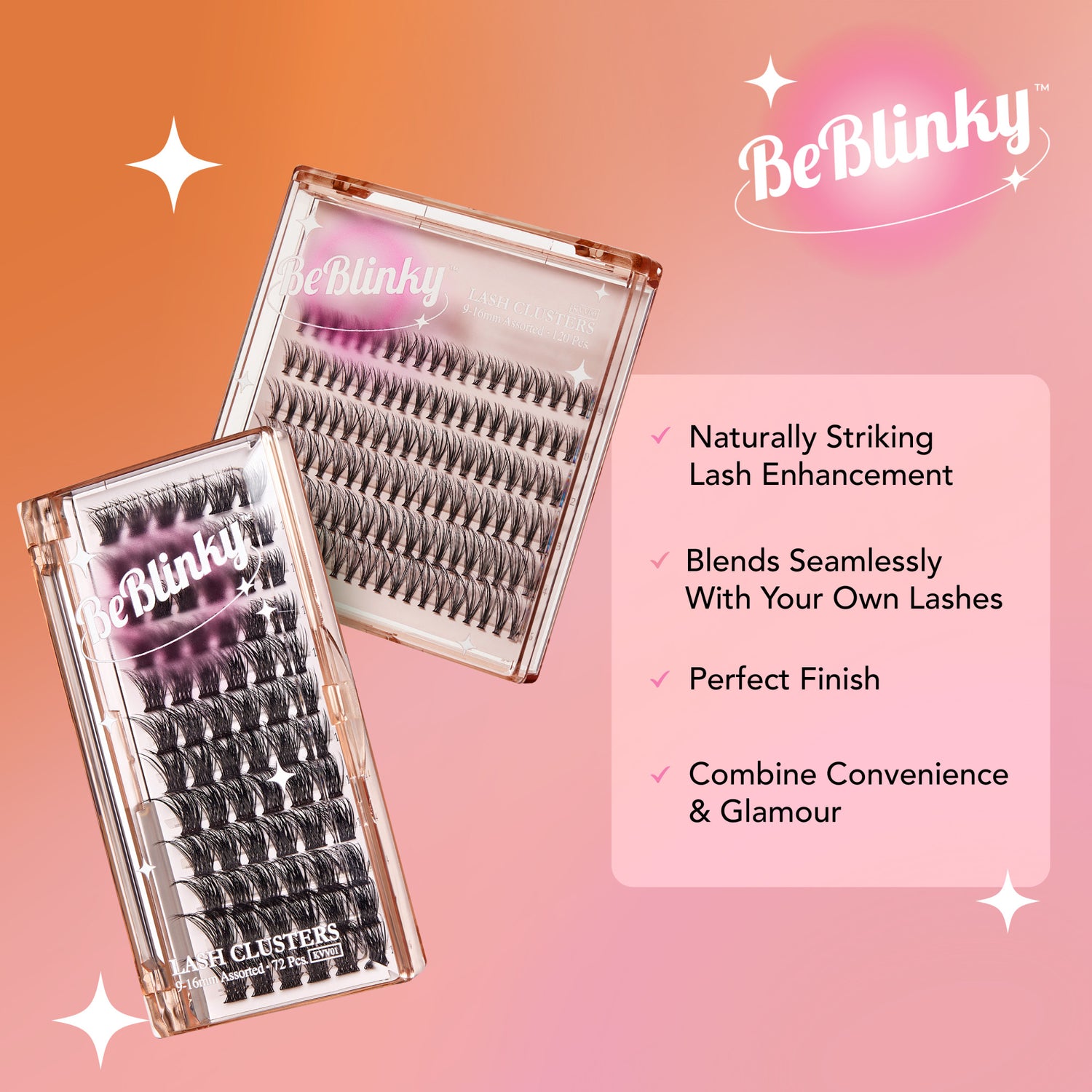 Two clear plastic cases of BeBlinky lash clusters displayed on a pink-orange gradient background. Text highlights lash benefits: naturally striking enhancement, seamless blend, perfect finish, and combines convenience with glamour.