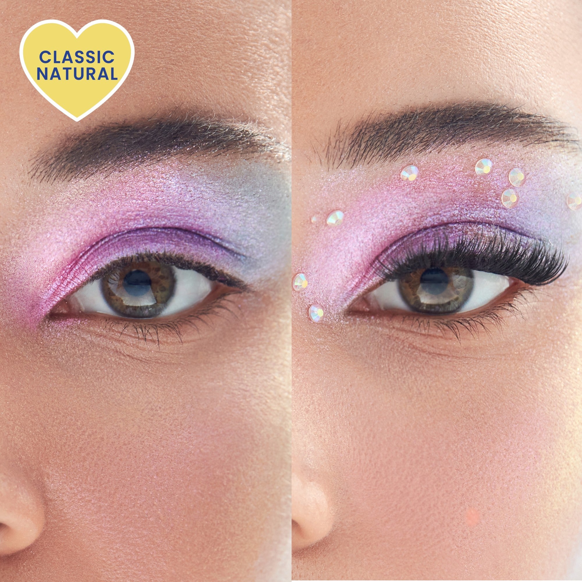 Eyeshadow comparison: pink-purple gradient with and without lashes and gems applied.