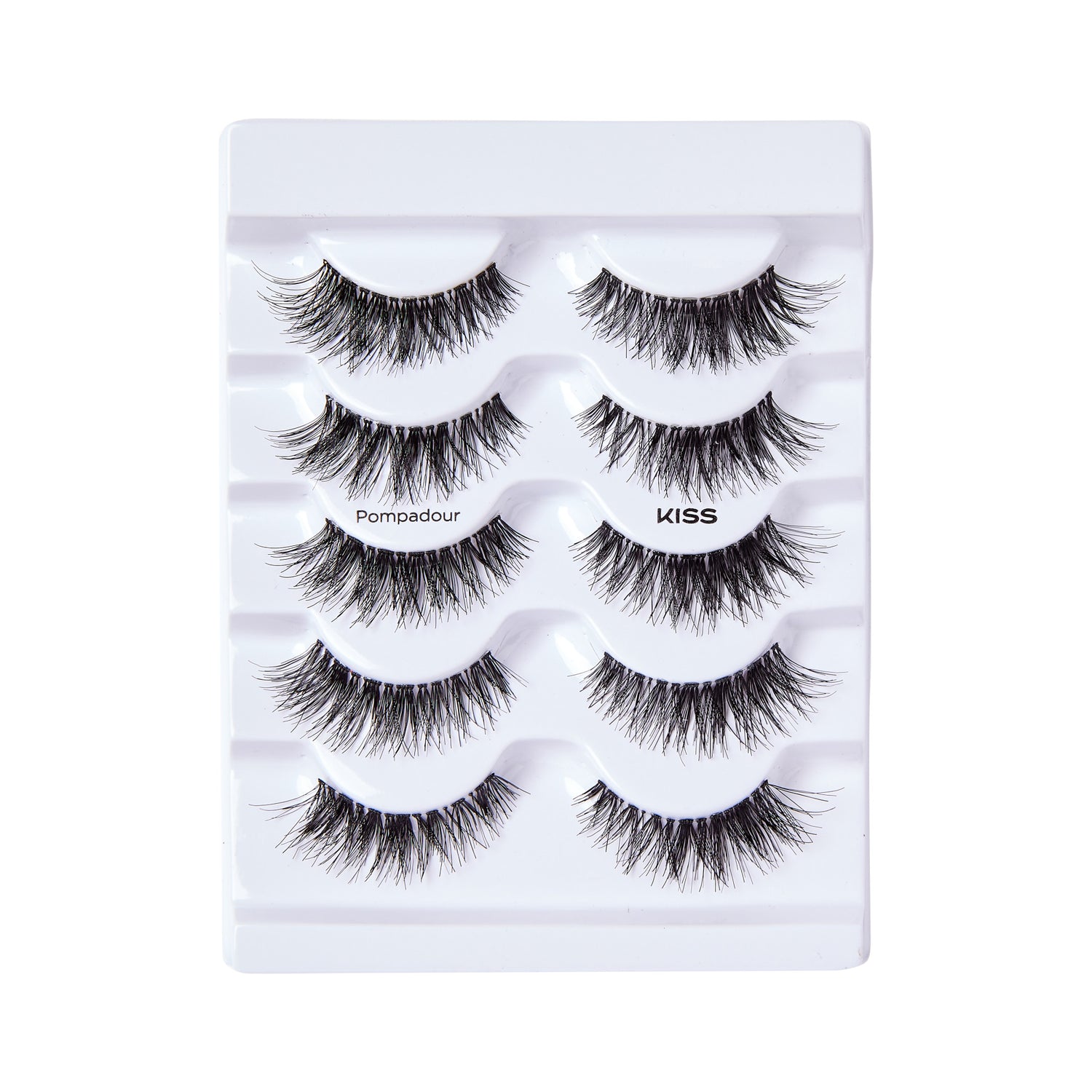 Five pairs of black, wispy false eyelashes arranged in white plastic tray packaging, with \