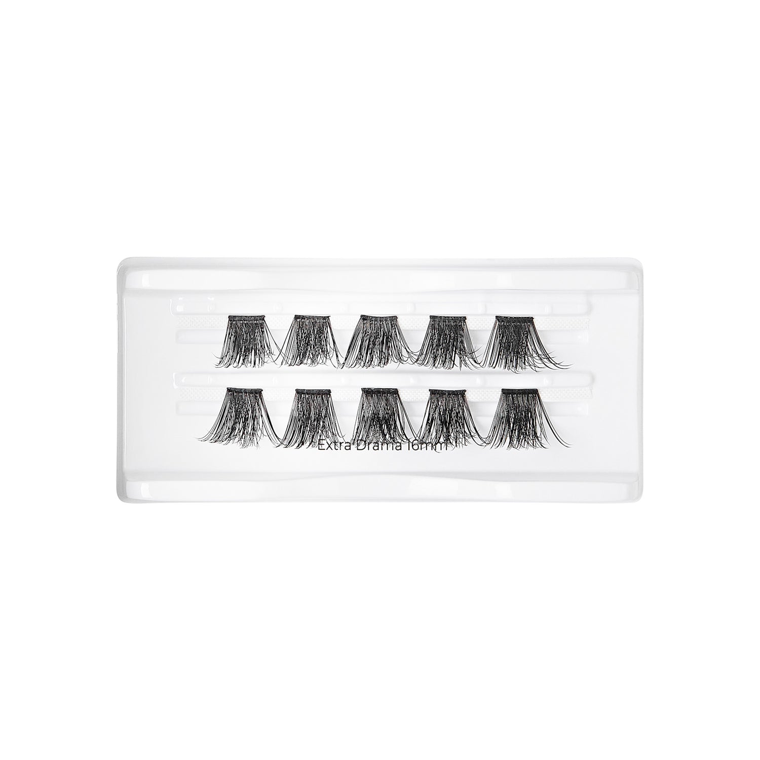 Set of ten black, clustered false eyelash wisps arranged in two rows inside a clear plastic tray, labeled \