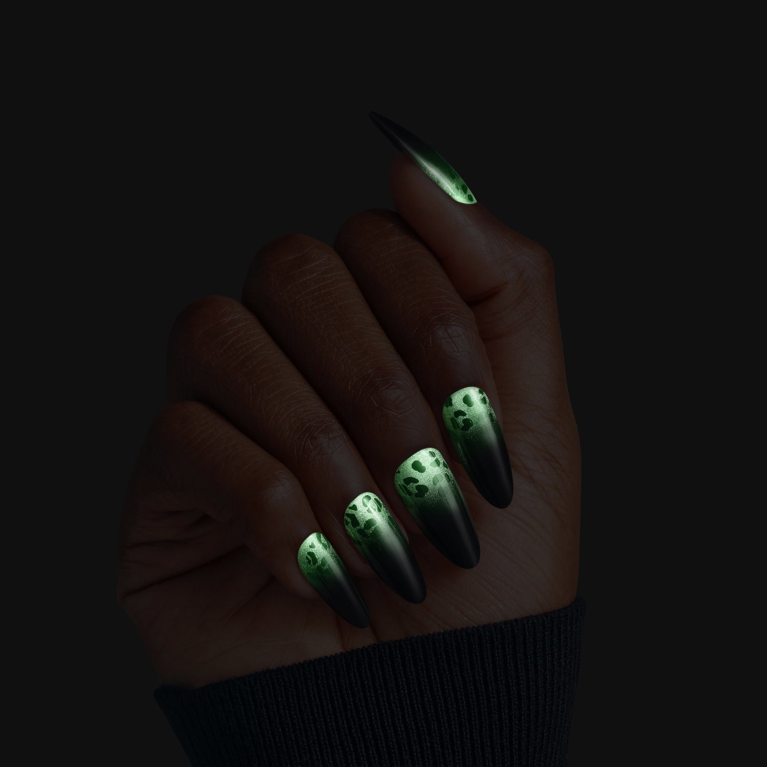 Kiss Haunt Halloween Press On Fake Glue Nails - Polish Potion | Design, Black, Long, Almond, Glow In The Dark