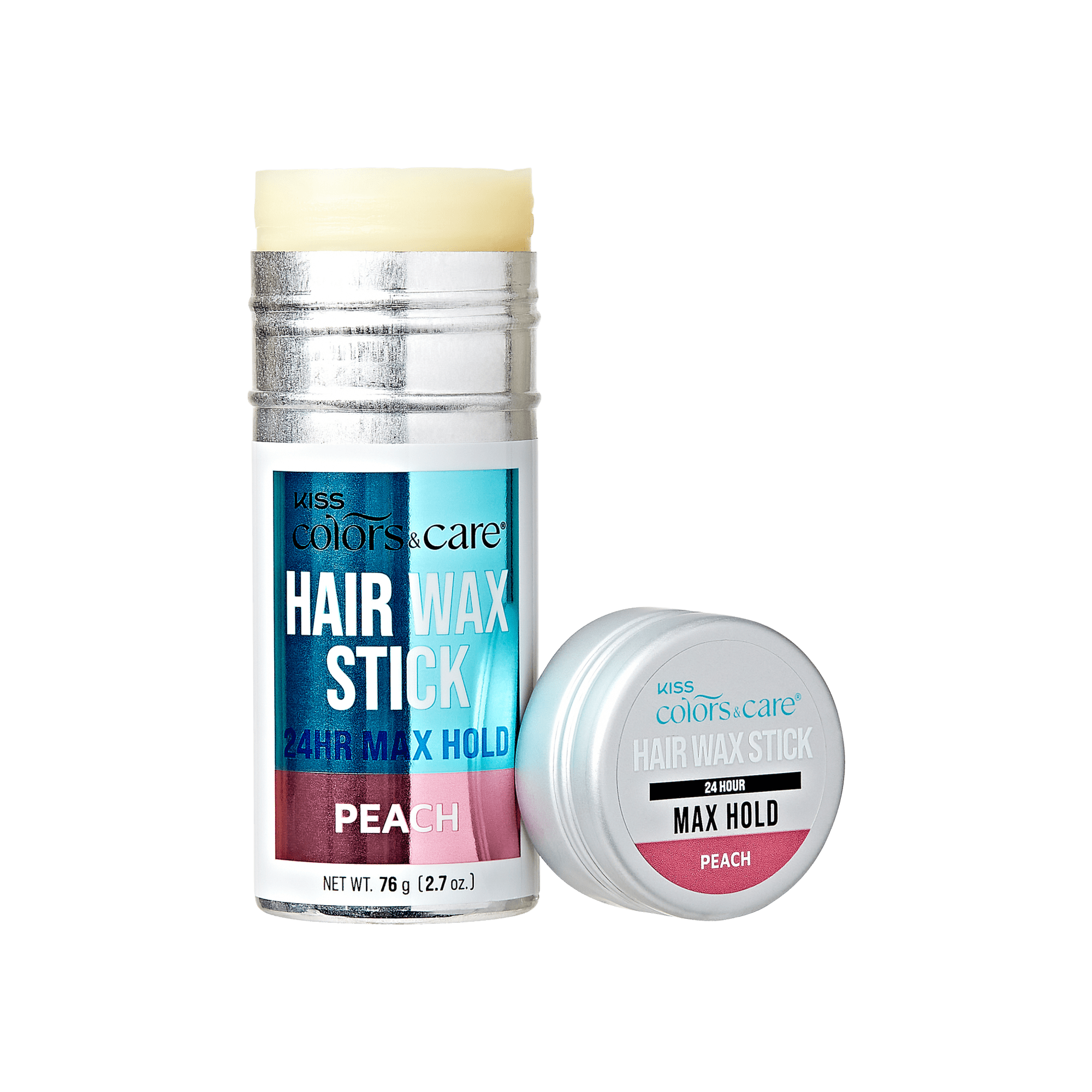 KISS Colors &amp; Care Peach hair wax stick with silver base and cap, labeled "24HR Max Hold" and "Hair Wax Stick" on blue and peach background.