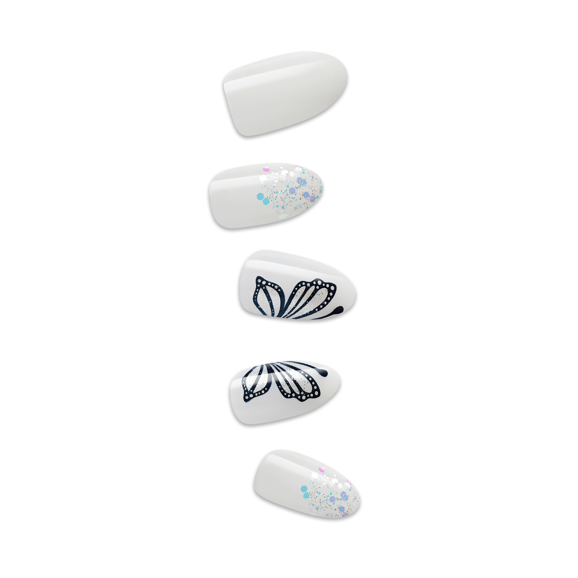 Set of five white press-on nails featuring a glossy finish, two nails with black butterfly wing designs, and two nails with iridescent glitter accents.