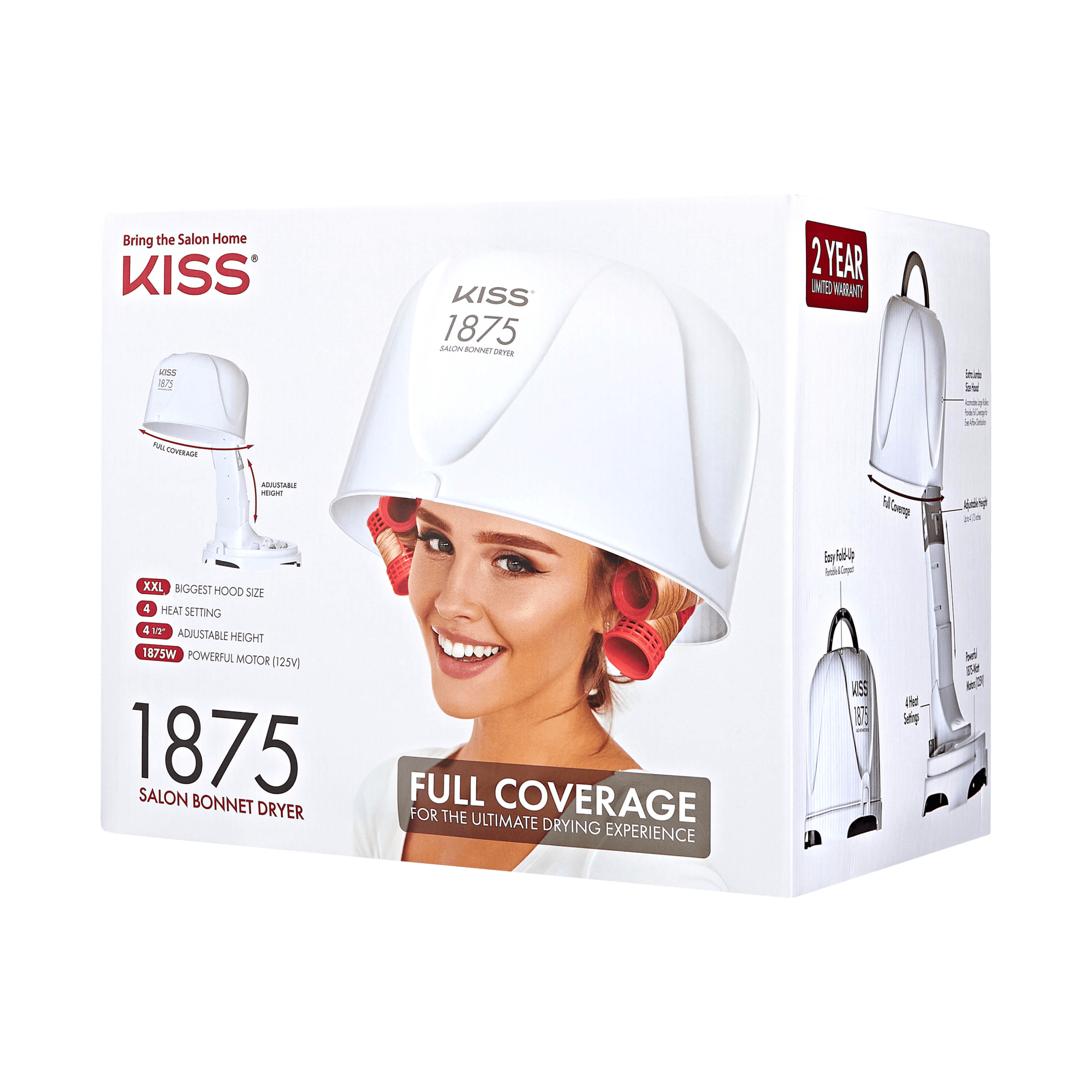 White KISS 1875W Salon Bonnet Hair Dryer box featuring a smiling woman with red curlers under the dryer hood, highlighting full coverage and adjustable height.