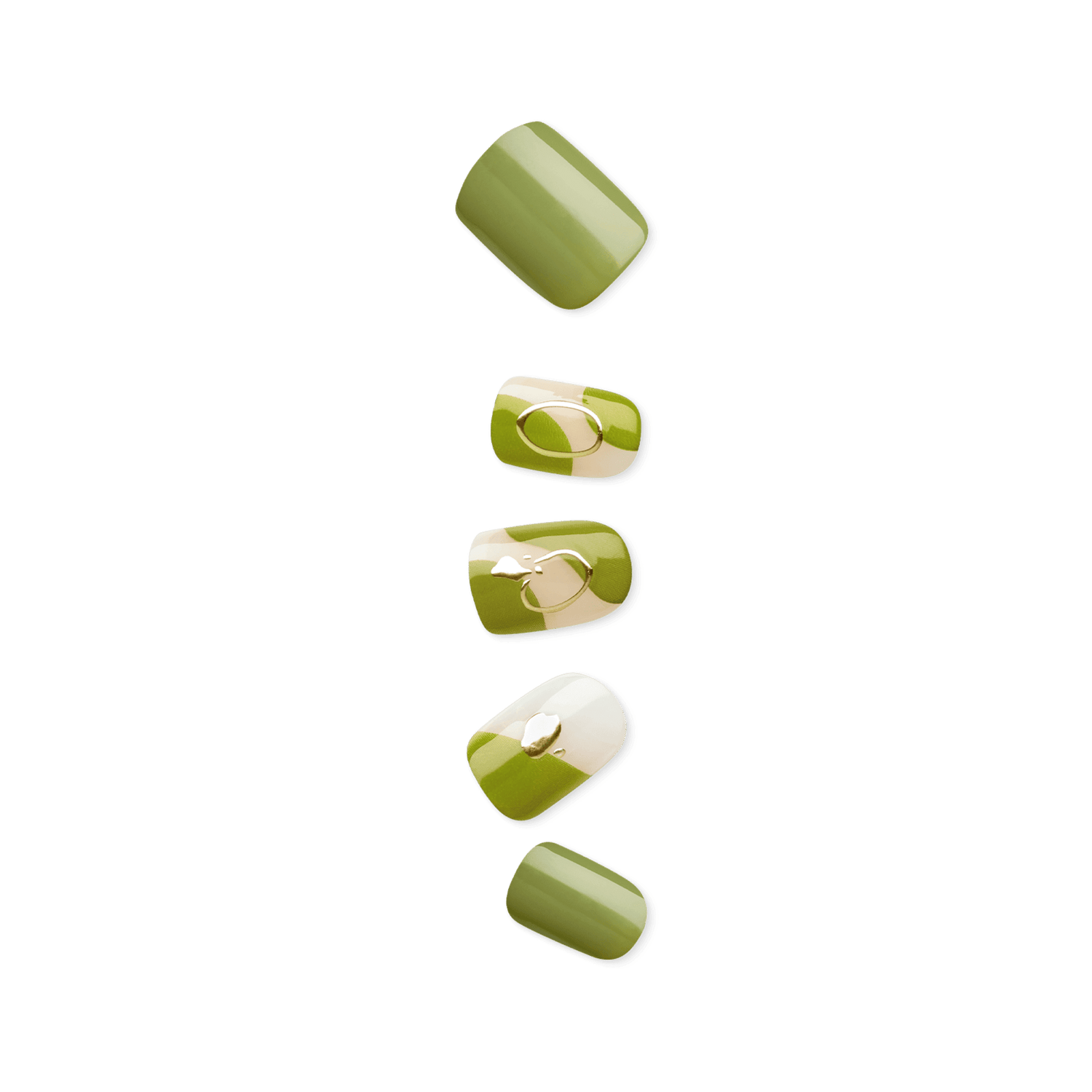 Five glossy press-on nails in shades of green with abstract beige and olive irregular shapes and subtle raised oval and pebble accents.