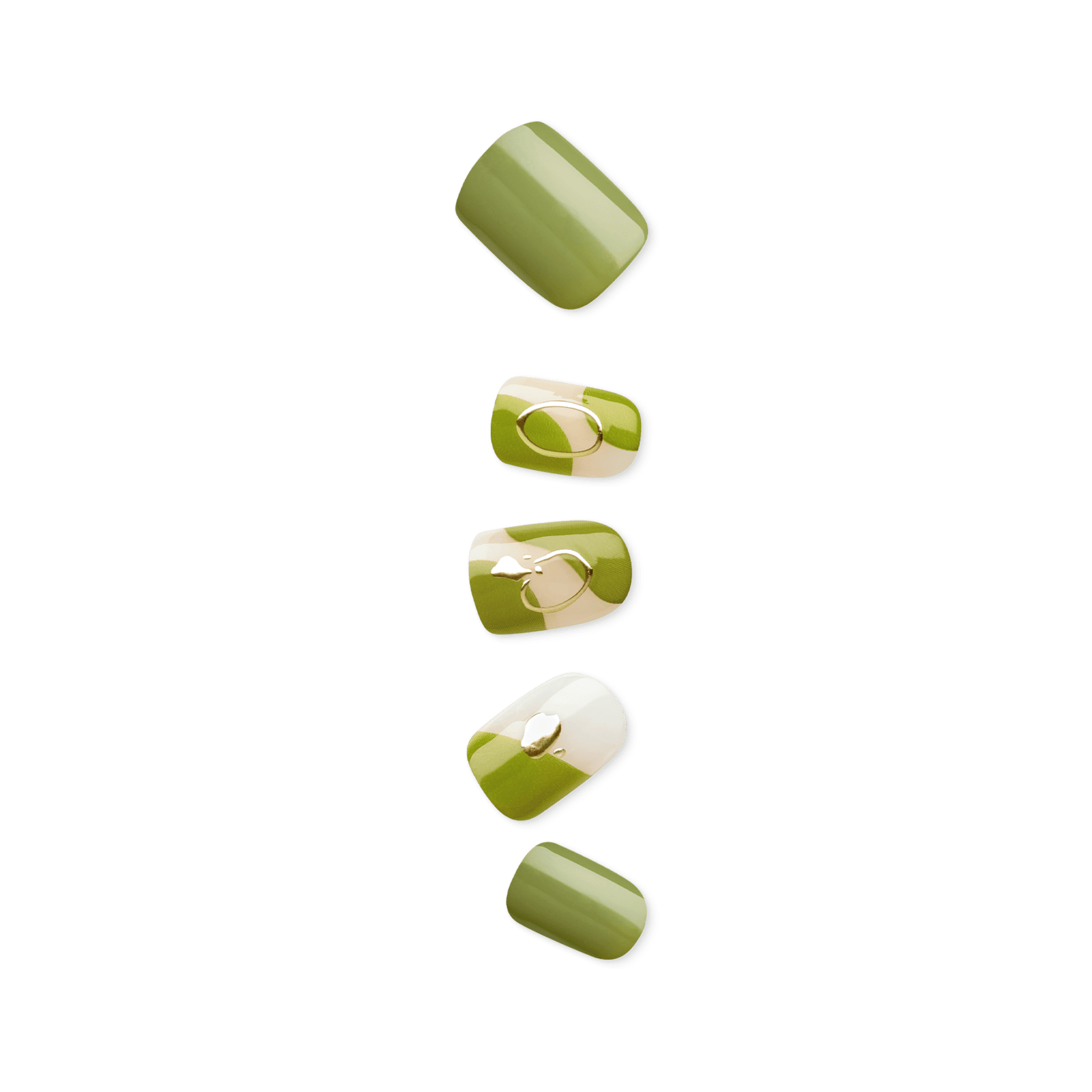 Five glossy press-on nails in shades of green with abstract beige and olive irregular shapes and subtle raised oval and pebble accents.
