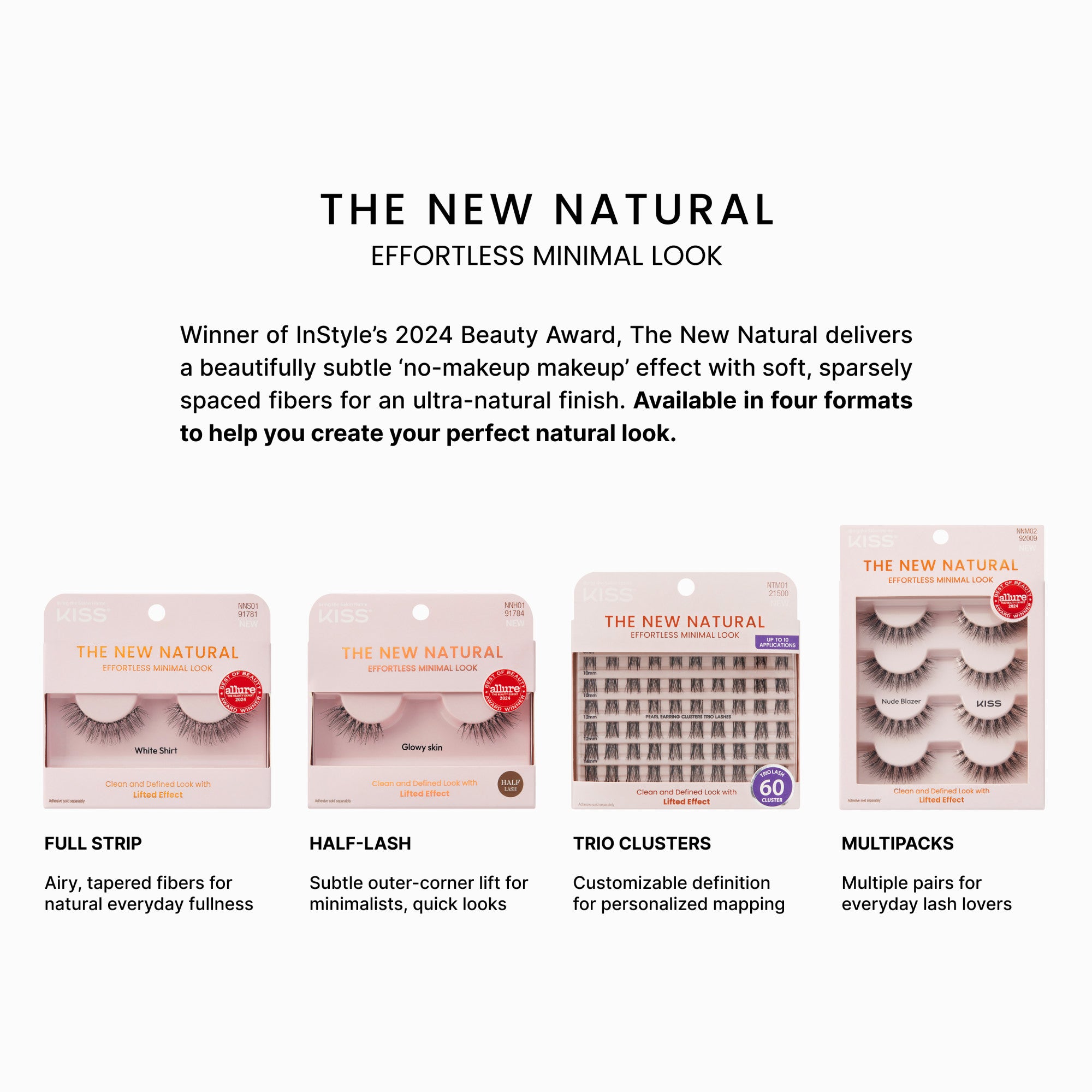KISS The New Natural eyelash packaging shows four formats: Full Strip with airy tapered fibers, Half-Lash for subtle outer-corner lift, Trio Clusters for customizable mapping, and Multipacks with multiple pairs.