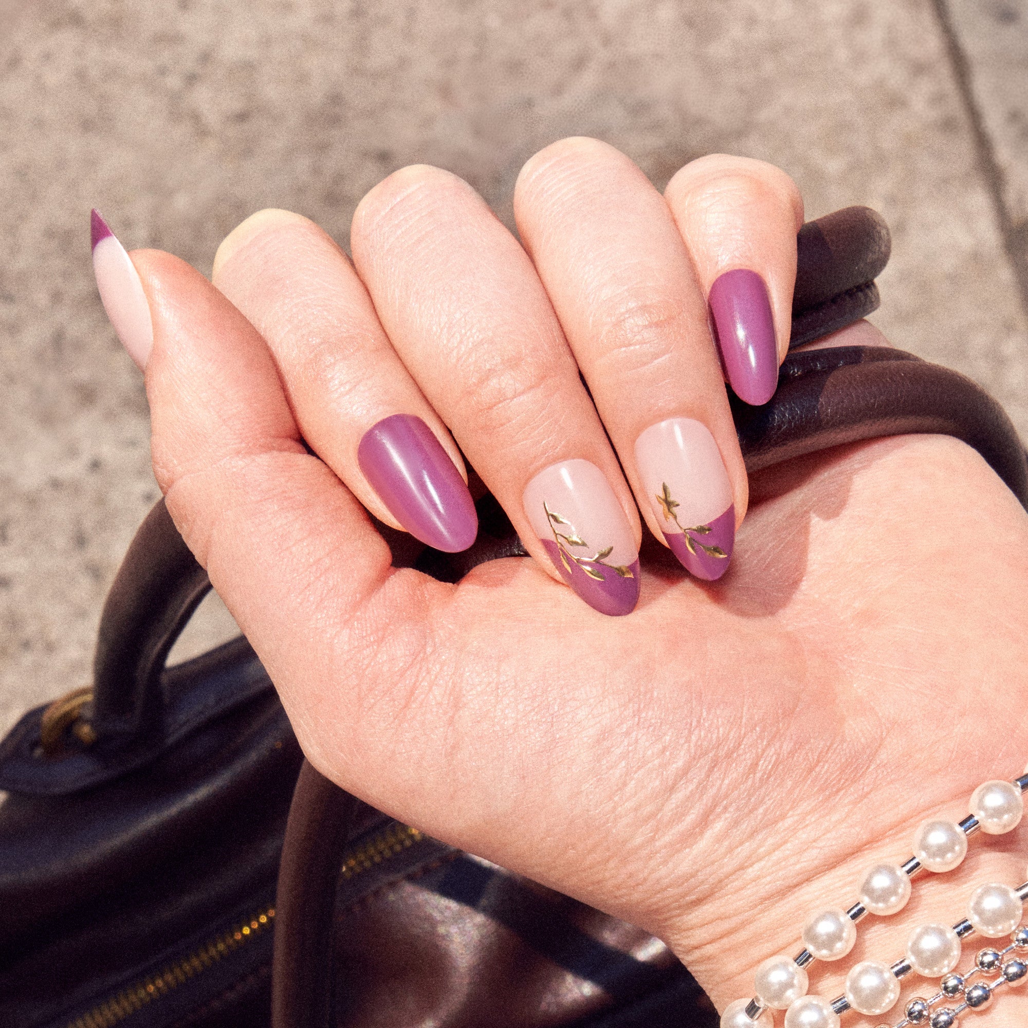 Kiss Core Design Press On Fake Glue Nails - Soft Glow | French Design, Purple, Medium, Almond