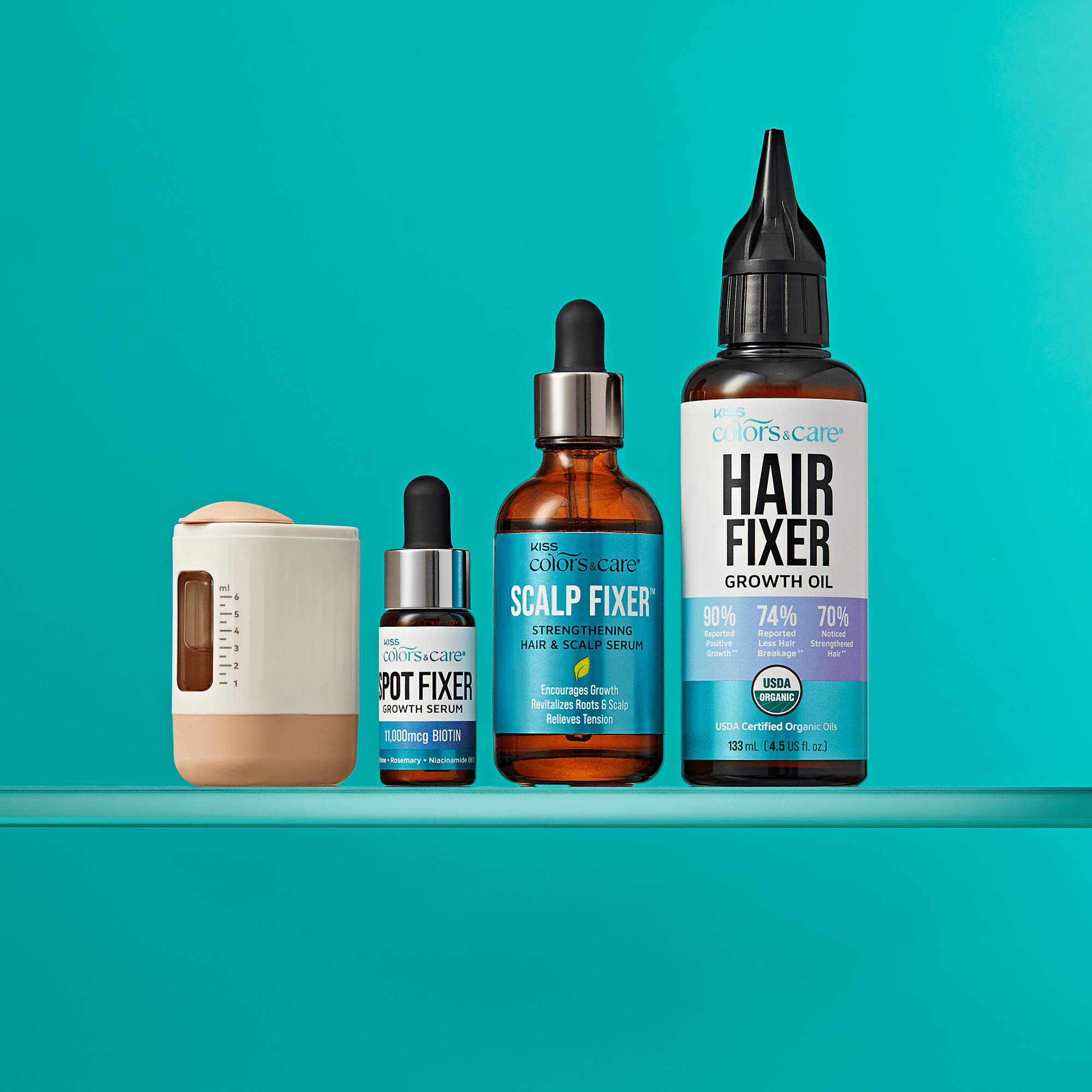 Three KISS Colors &amp; Care hair growth products and a scalp stimulating applicator, with labels highlighting growth serum, strengthening scalp serum, and growth oil with 90% reported positive growth.