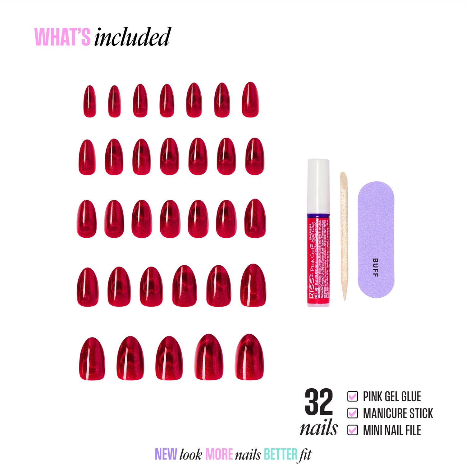 Kiss Glam Embellished Press On Fake Glue Nails - Famous | 3D &amp; Jewel Design, Red, Medium, Almond