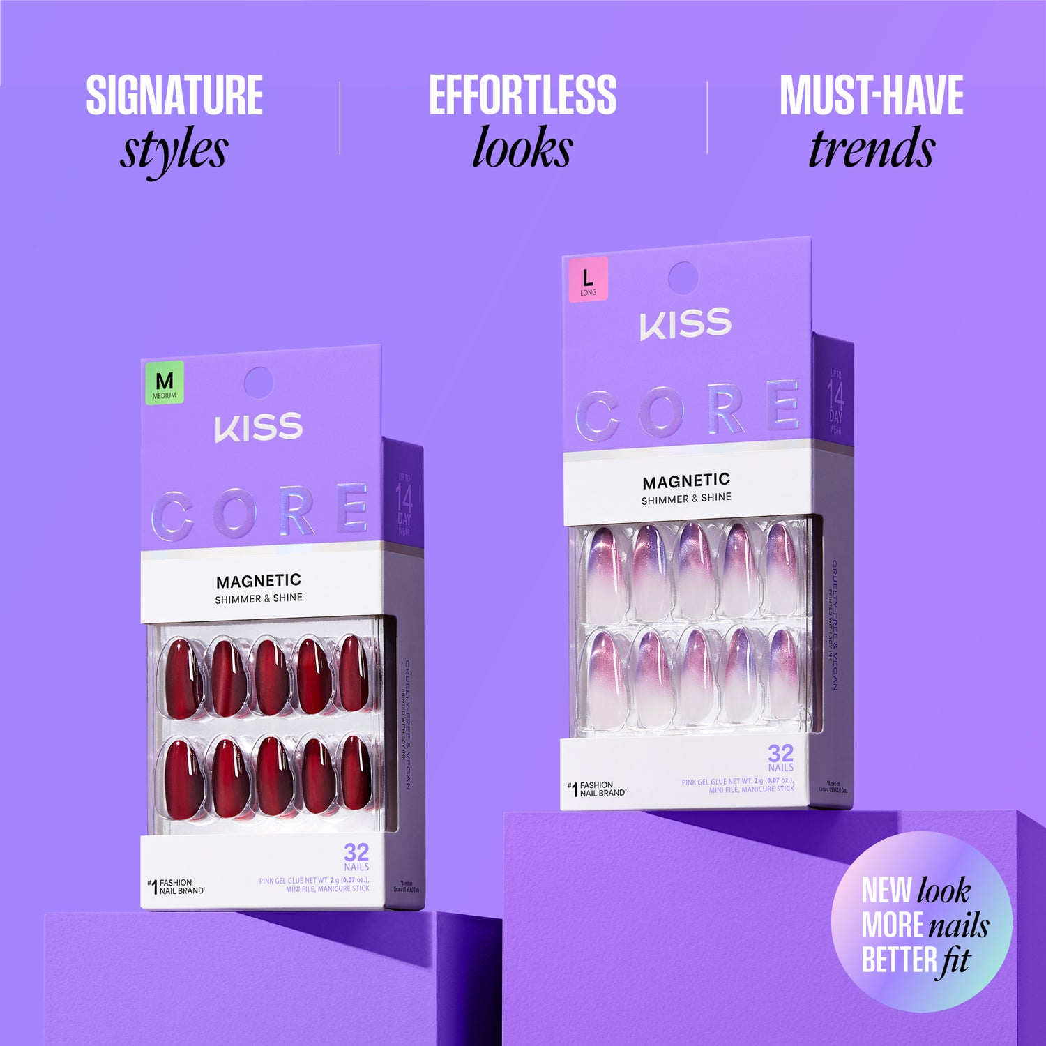 KISS Core Magnetic nail sets in red and pink gradient shades with product packaging.