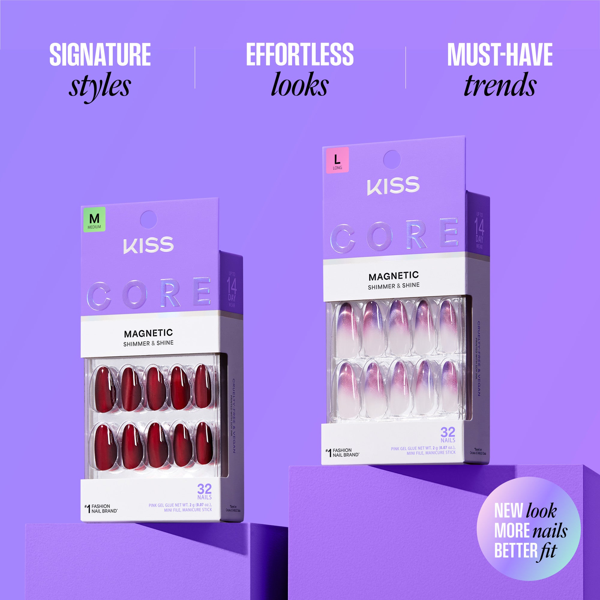 KISS Core Magnetic nail sets in red and pink gradient shades with product packaging.