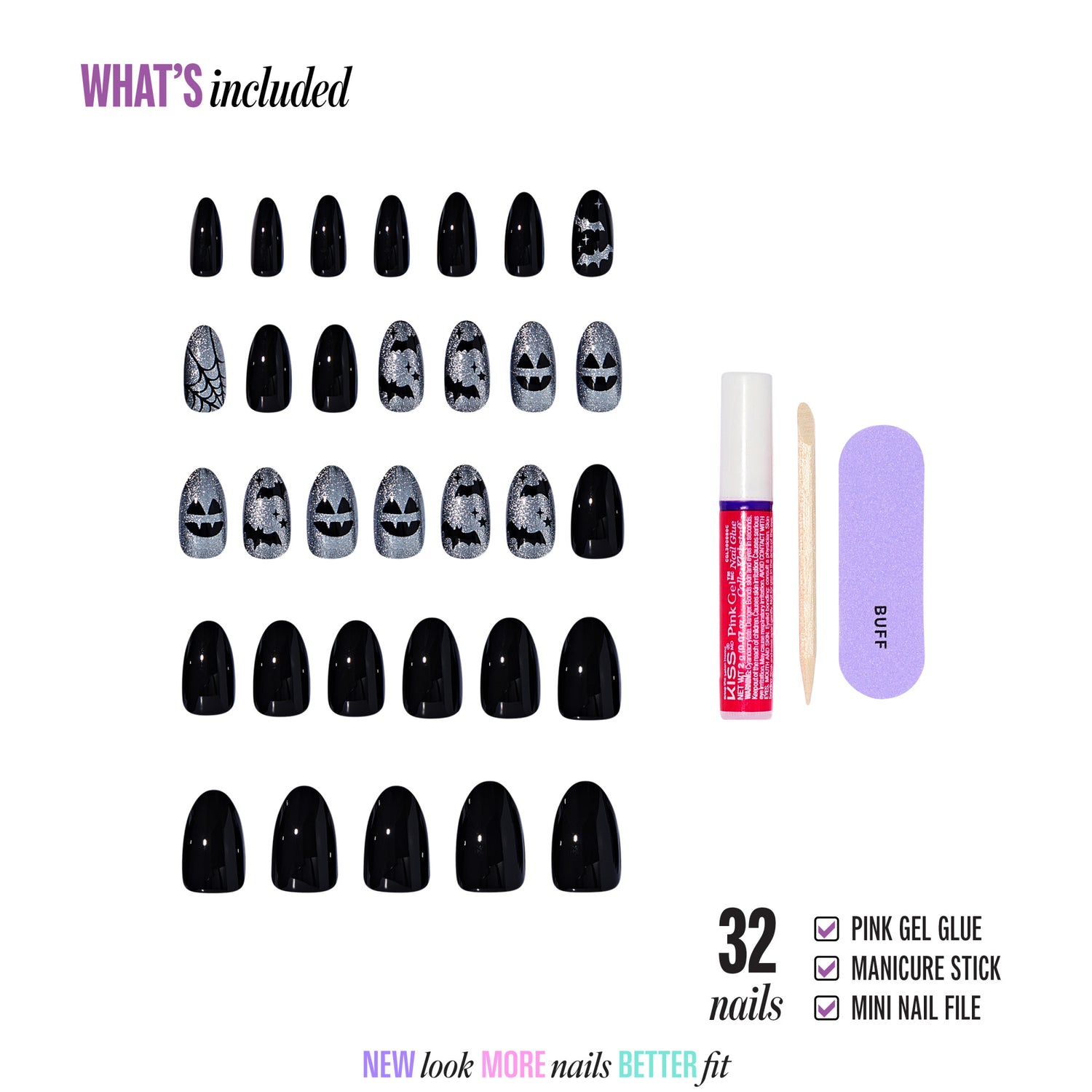 Kiss Haunt Halloween Press On Fake Glue Nails - Vamp It Up | Design, Black, Medium, Almond, Glow In The Dark