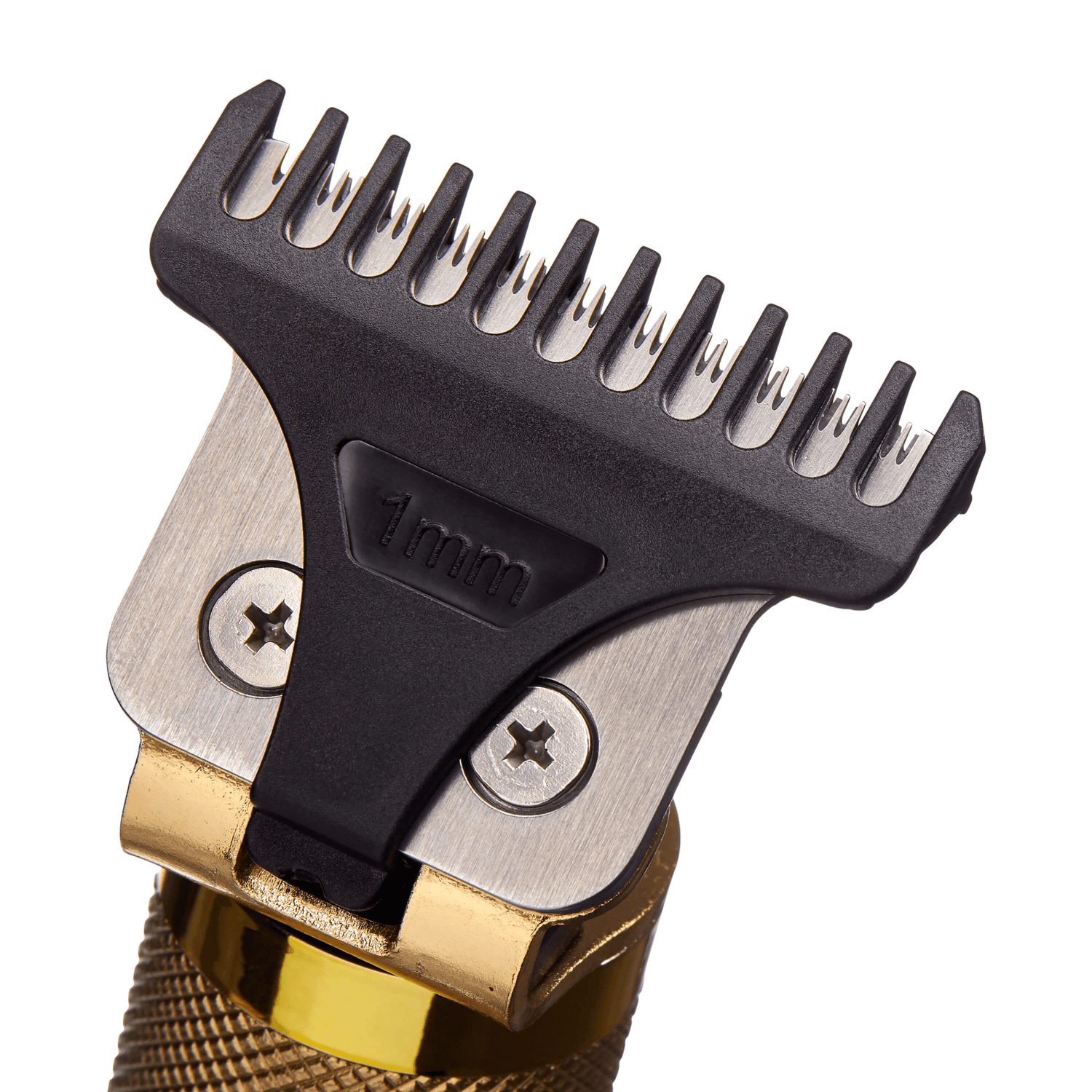 Close-up view of the KISS Precision Blade Cordless Trimmer blade with a black 1mm guard attachment and metallic gold and silver trimmer parts.