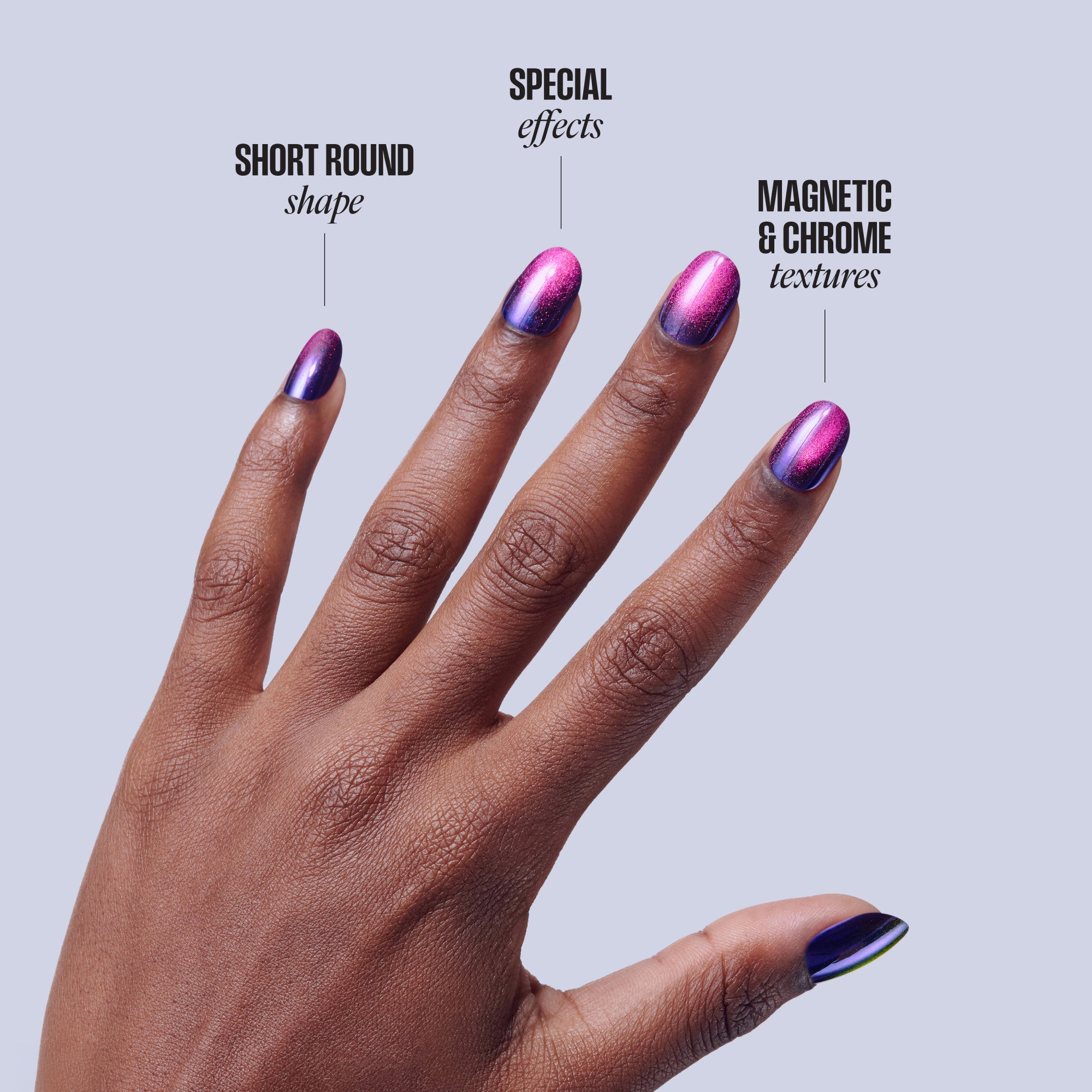 Hand displaying nail polish in short round, special effects, and magnetic chrome textures in purple and pink.