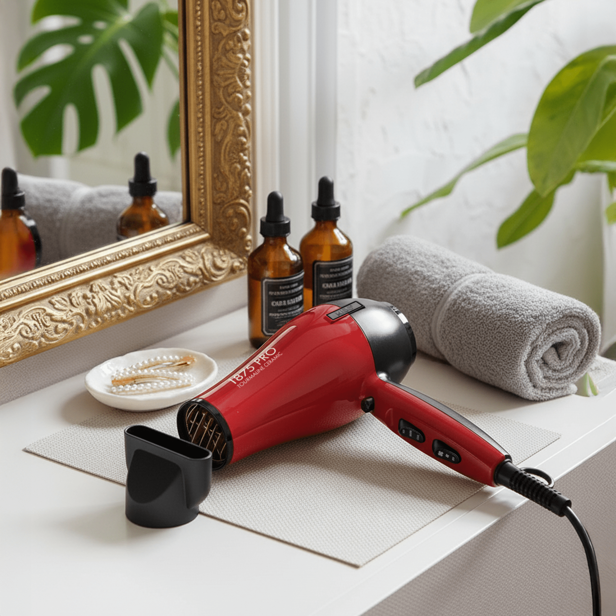 Red 1875 Pro Tourmaline Ceramic hair dryer with black concentrator nozzle on a white bathroom counter near rolled gray towel, amber bottles, and a decorative mirror.