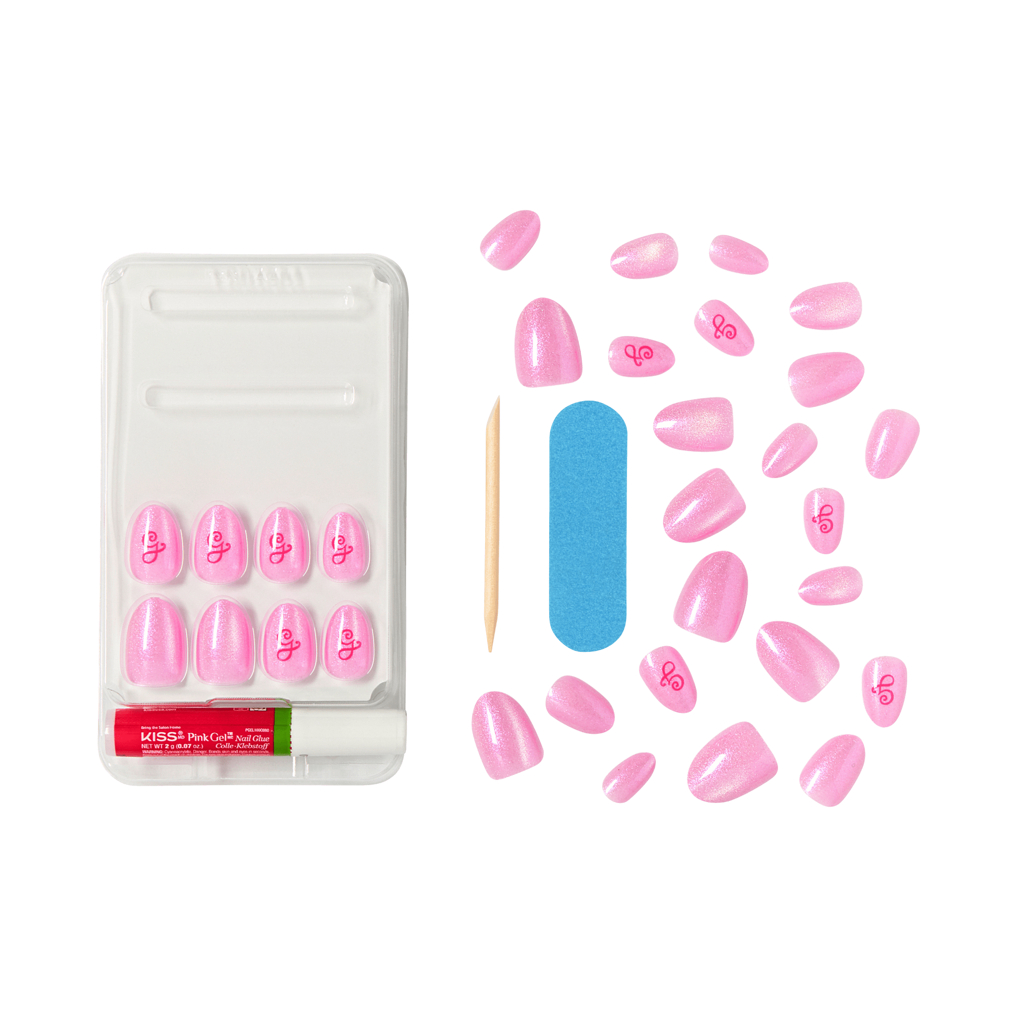 Set of pink shimmery press-on nails with red \