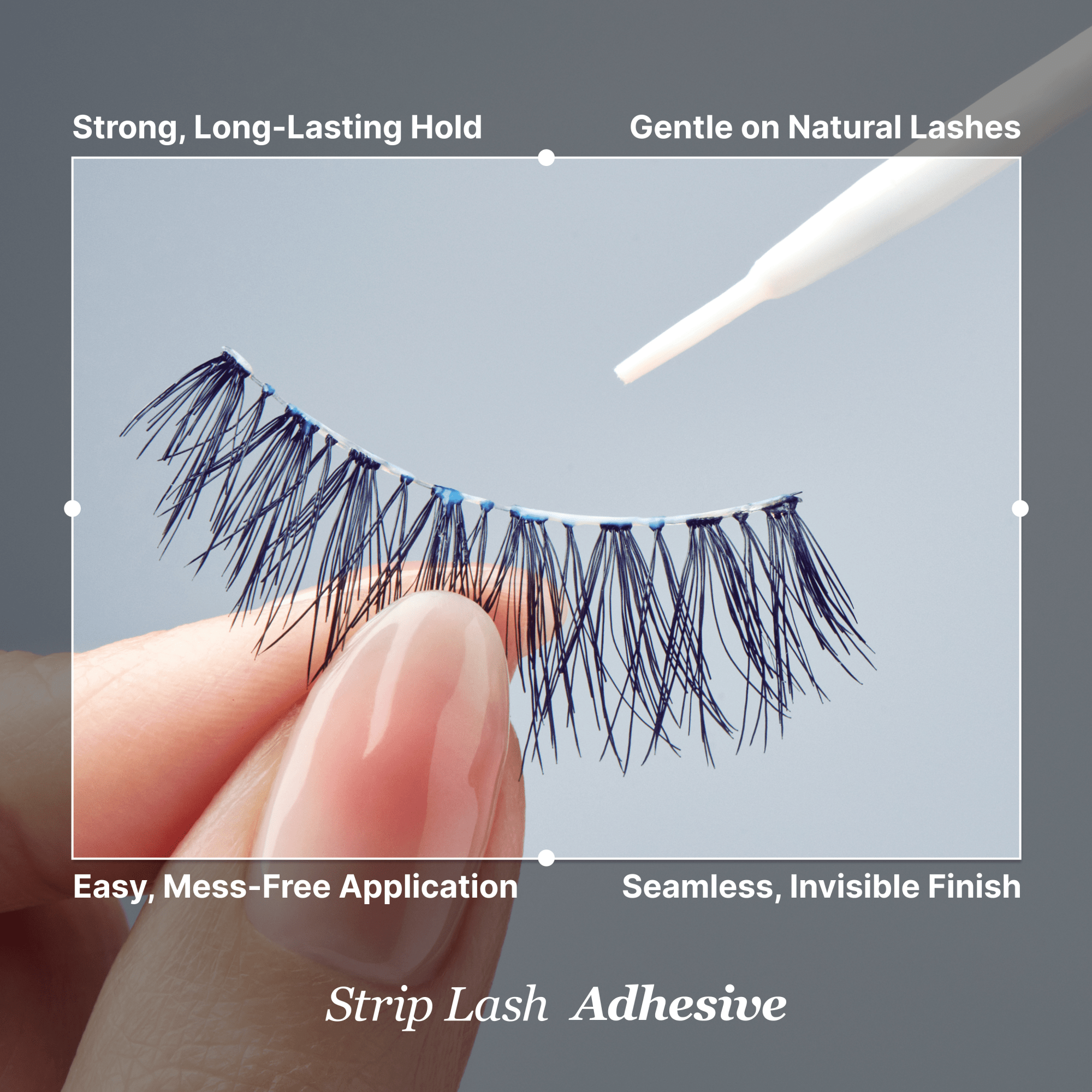 Strip eyelashes with text highlighting features on a gray background
