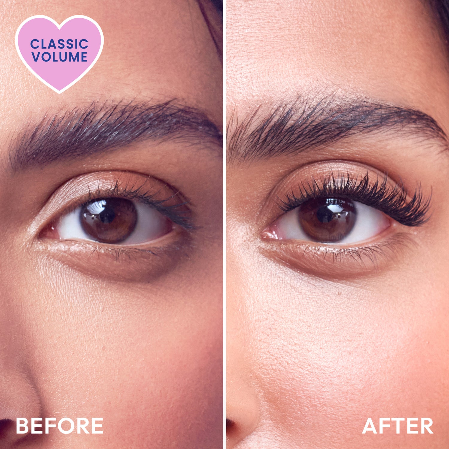 Classic Volume lash extension before/after comparison showing fuller lashes