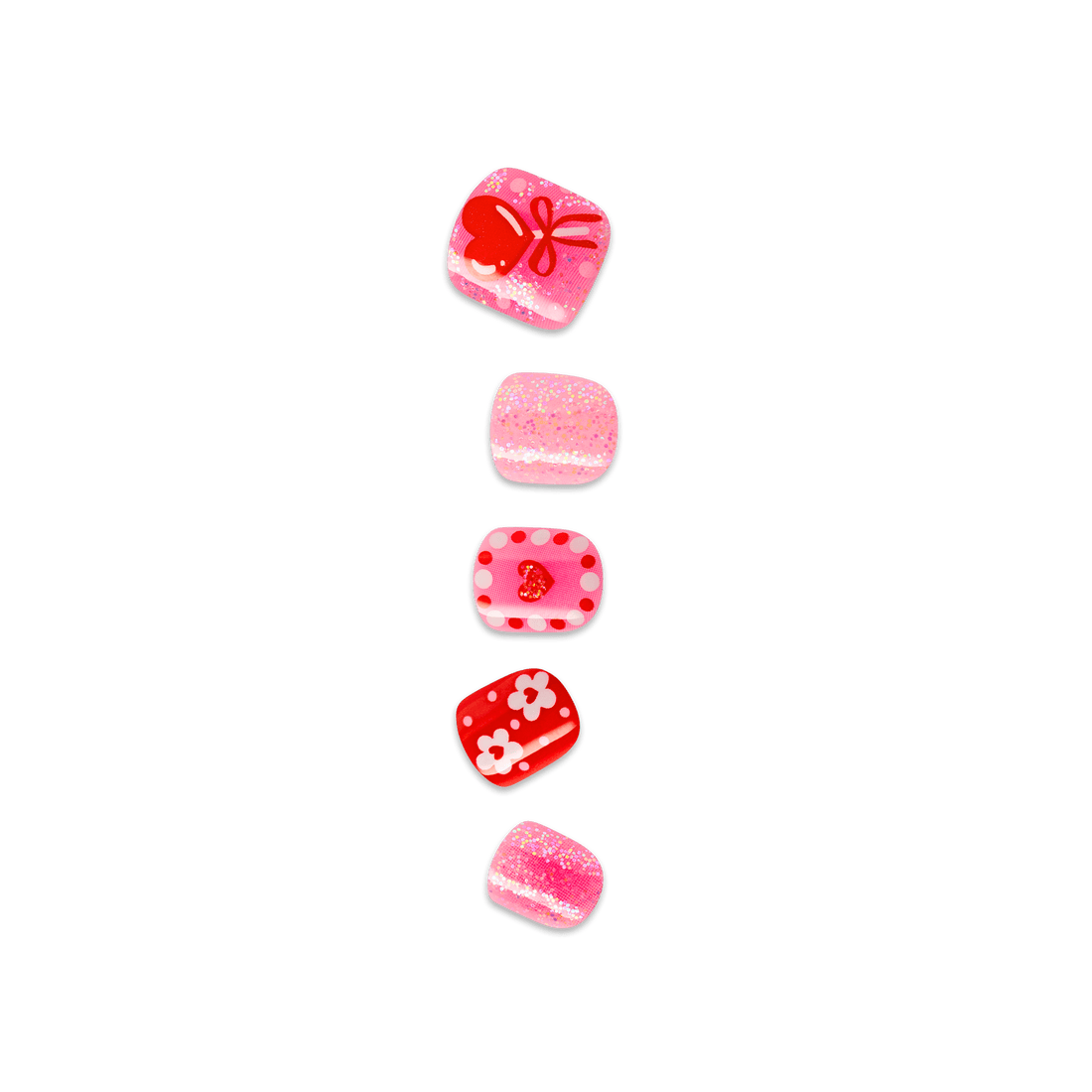 Five pink and red decorative hair clips with flower and glitter designs
