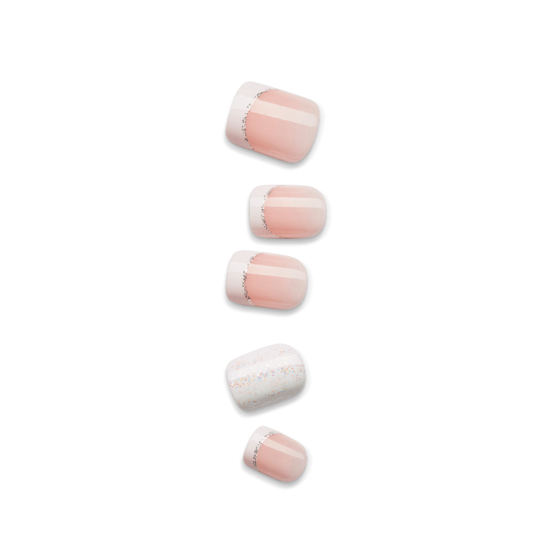 Set of five press-on nails in soft pink with white tips and silver glitter accents, plus one nail with white base and multicolor glitter speckles.