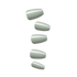 Five glossy, light sage green press-on nails in various sizes are displayed against a white background, showing a smooth and shiny finish.
