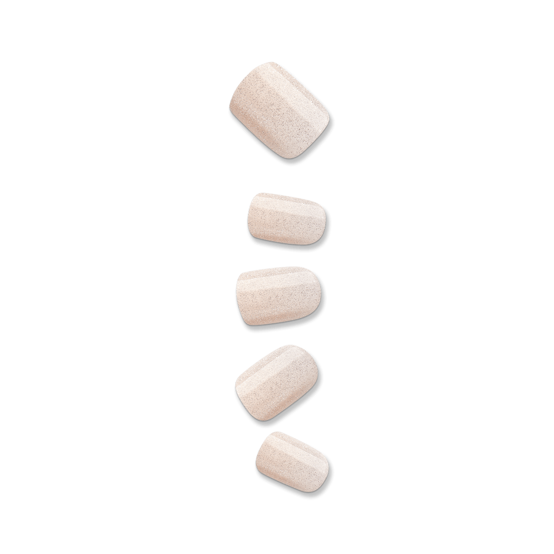 Five glittery off-white press-on nails in varying sizes arranged vertically on a transparent background, showcasing the Rebel design from colorFX by imPRESS.