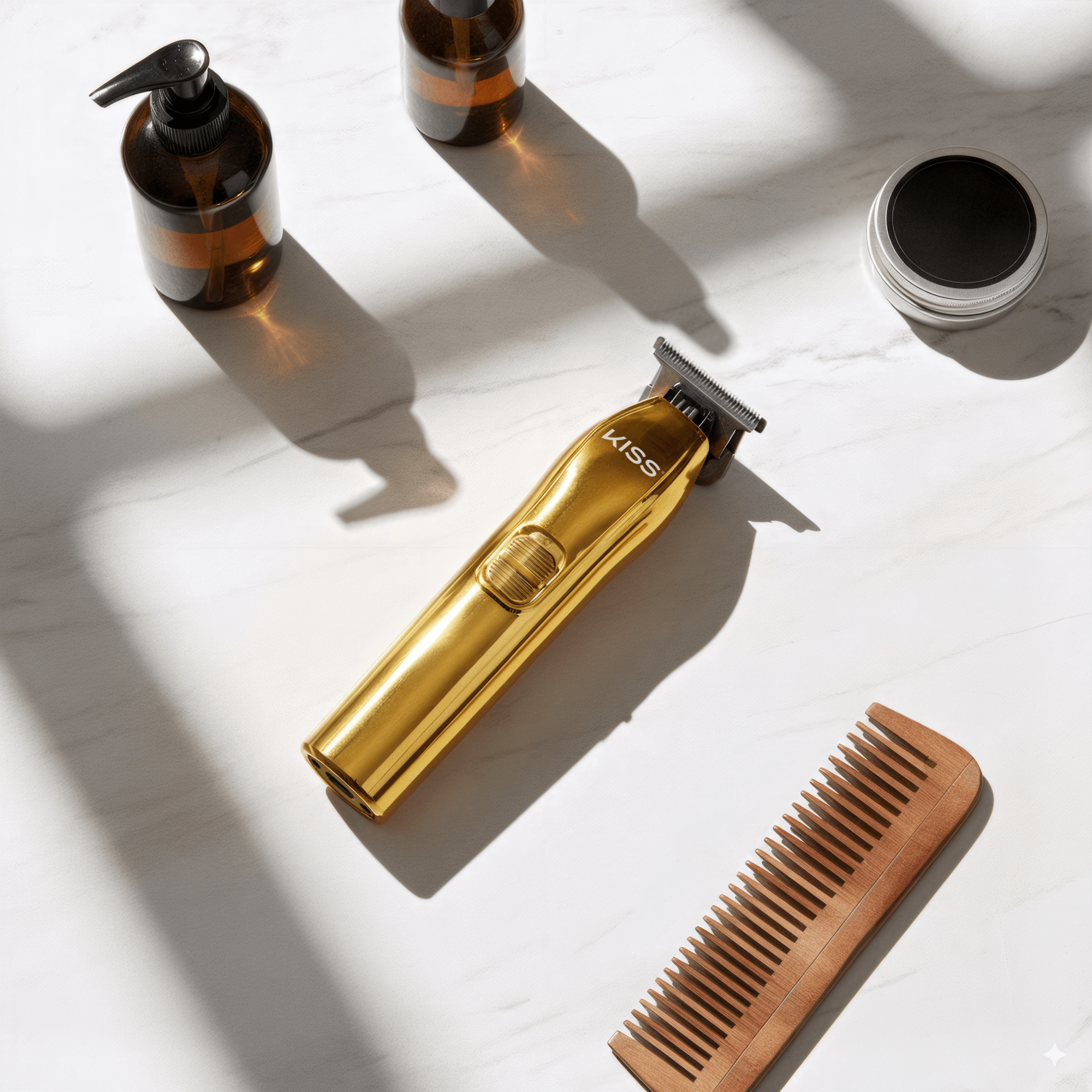 Gold cordless KISS T-blade beard and hair trimmer placed on a white marble surface, surrounded by a wooden comb, amber pump bottles, and a silver tin container.