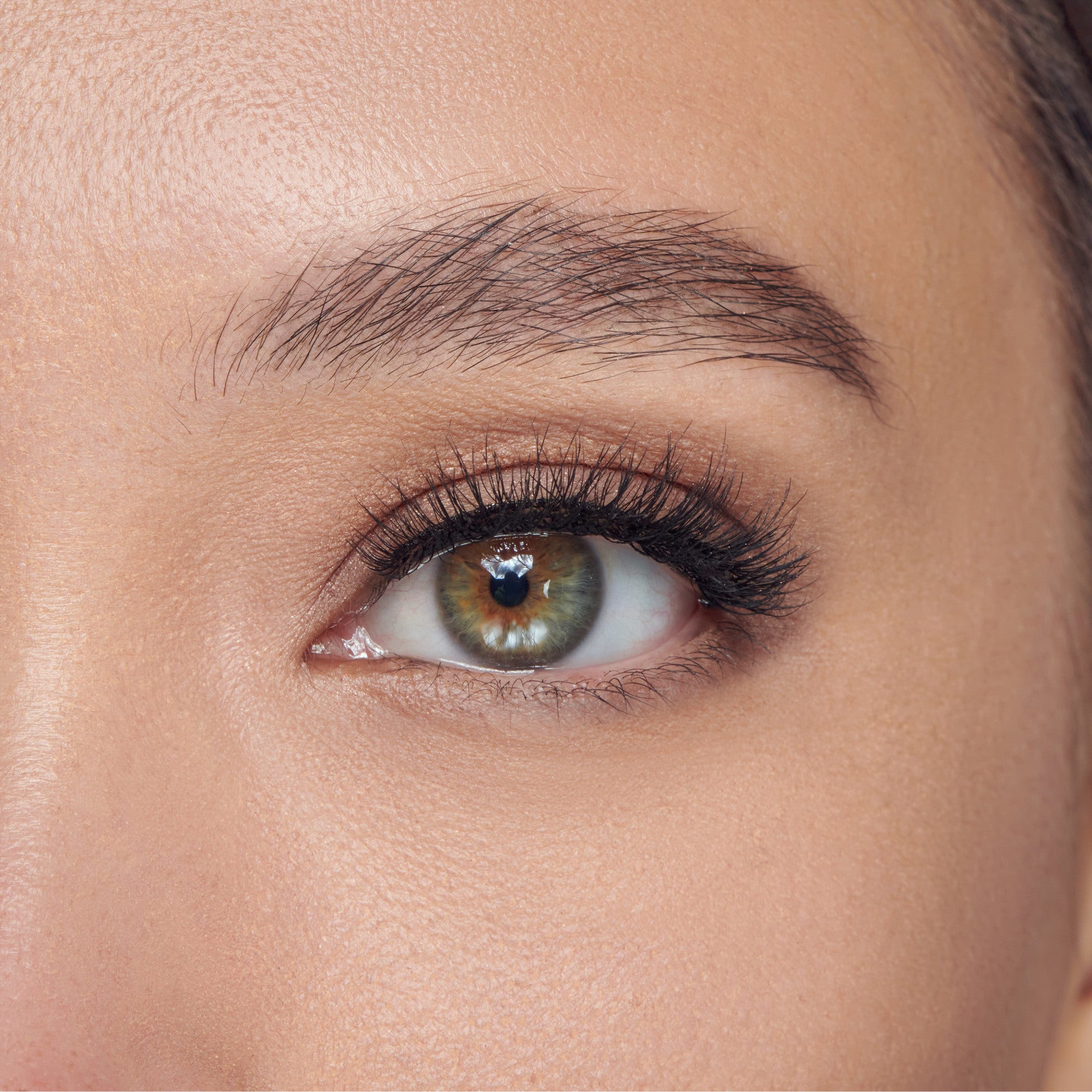 Close-up view of a green eye with long, natural-looking black false eyelashes applied, showcasing a subtle and shy natural lash style.