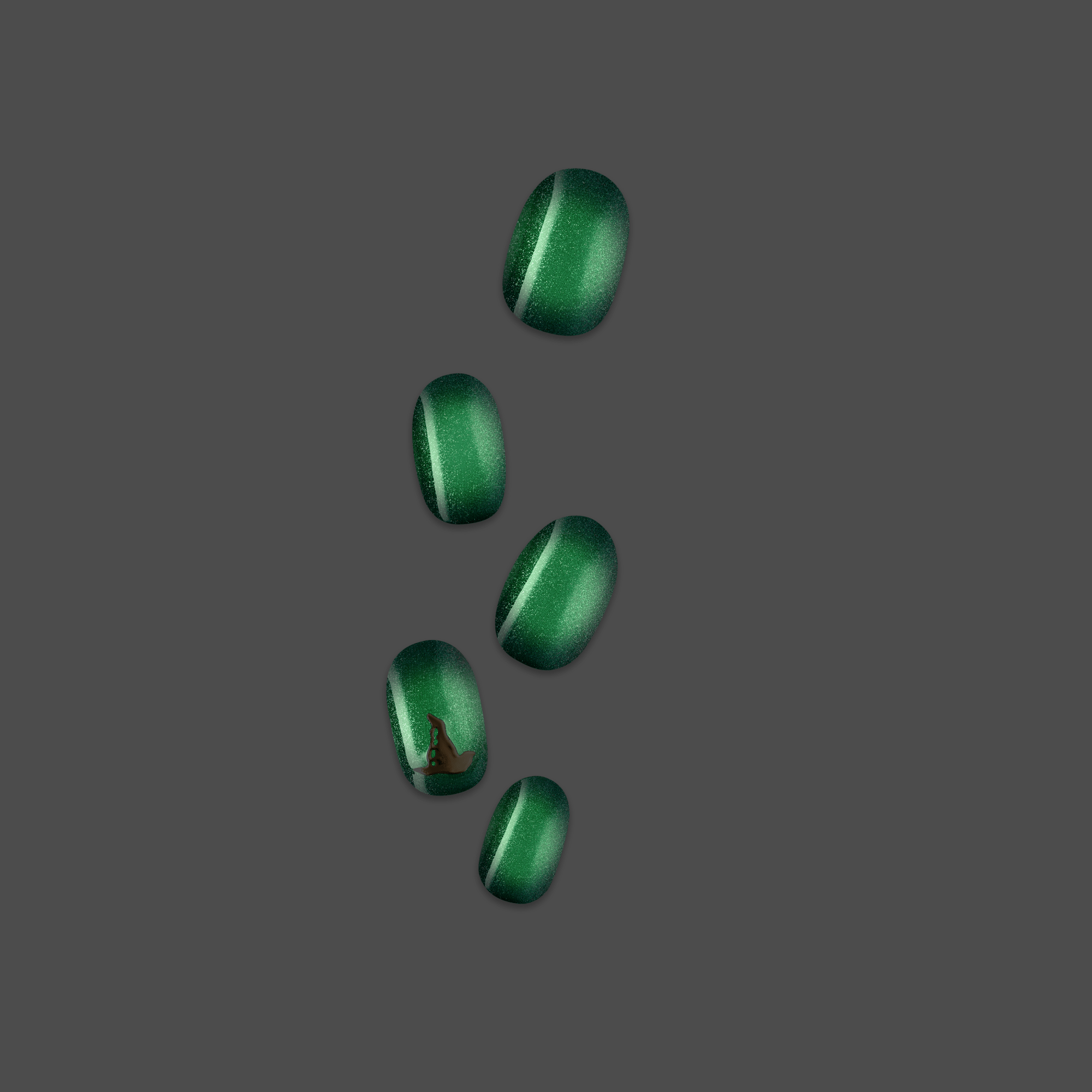 Five green nail polish samples with shimmer finish and diagonal stripe design on gray background.
