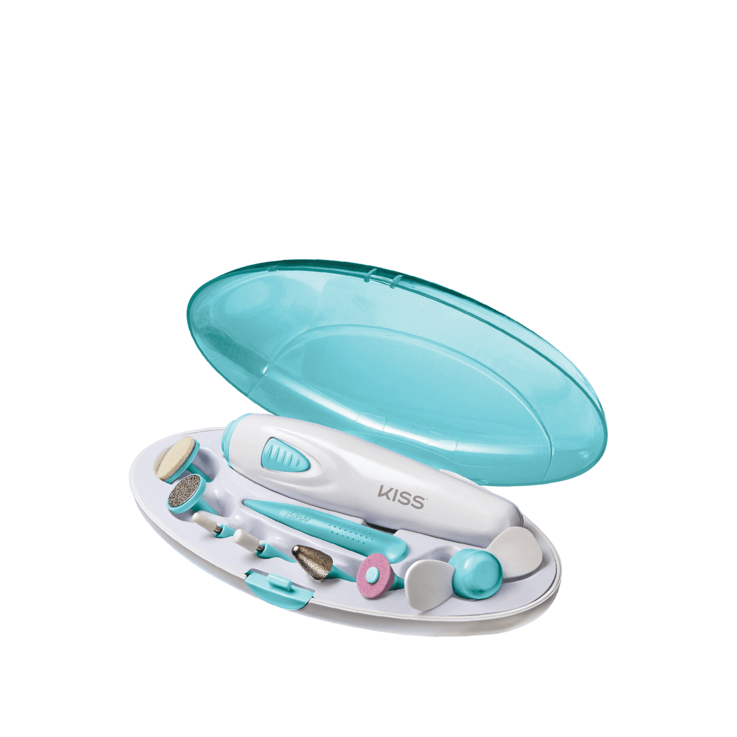 Compact manicure set with a white and turquoise electric nail file, seven interchangeable attachments, and a matching turquoise translucent case.