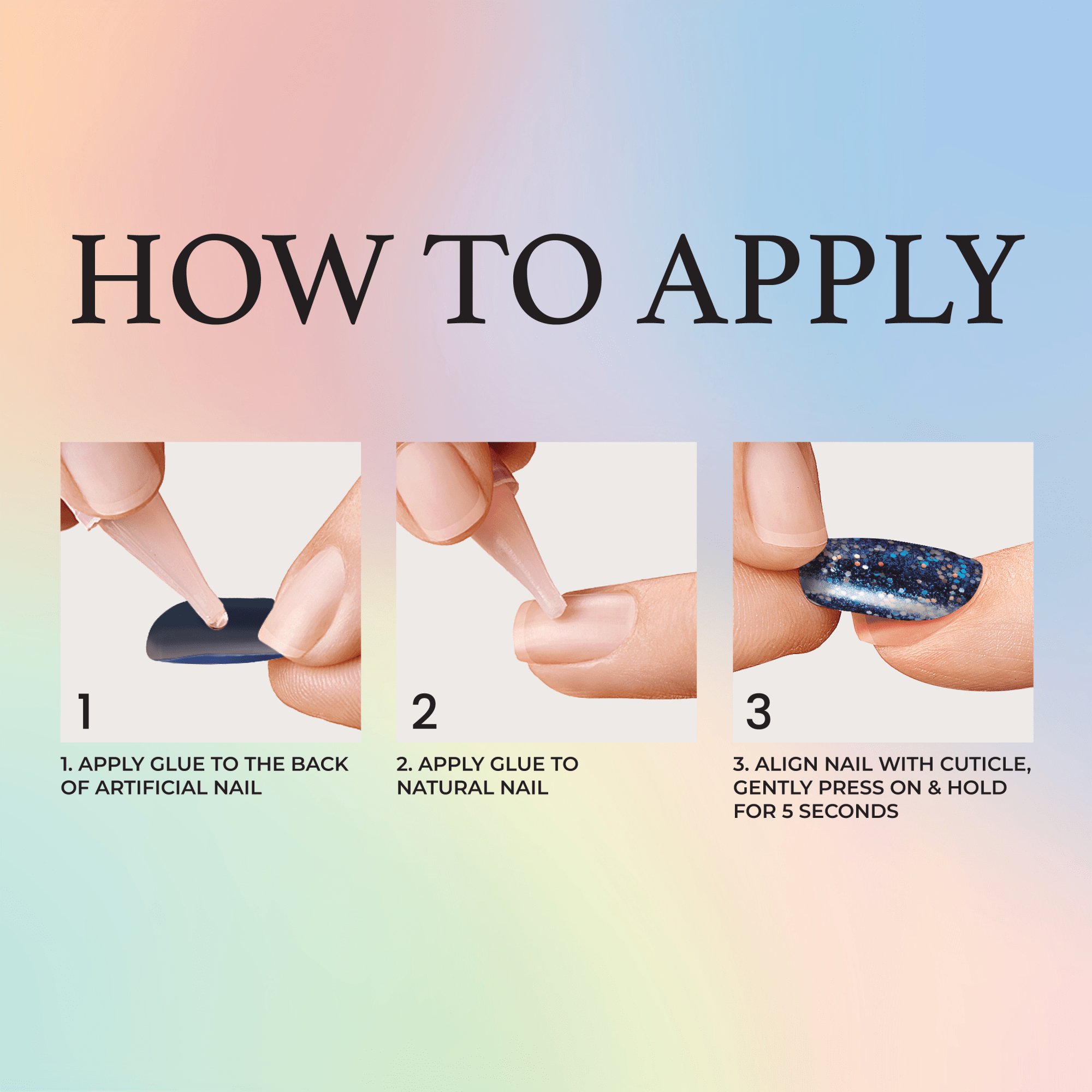 Step-by-step guide to applying artificial nails with glue and alignment instructions.