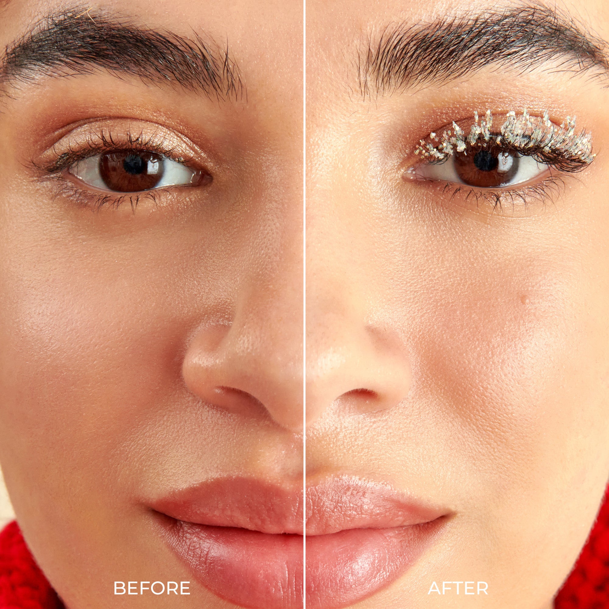 Before and after makeup comparison showing eye and lip enhancement with glitter eyeshadow.